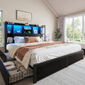 Homkdom Queen Bed Frame with Storage Headboard & 4 Large Drawers Bed Frame Queen Size with 51' Tall Headboard 9 Compartments Led Lights & Charging Station,No Box Spring Needed, No Noise,Black
