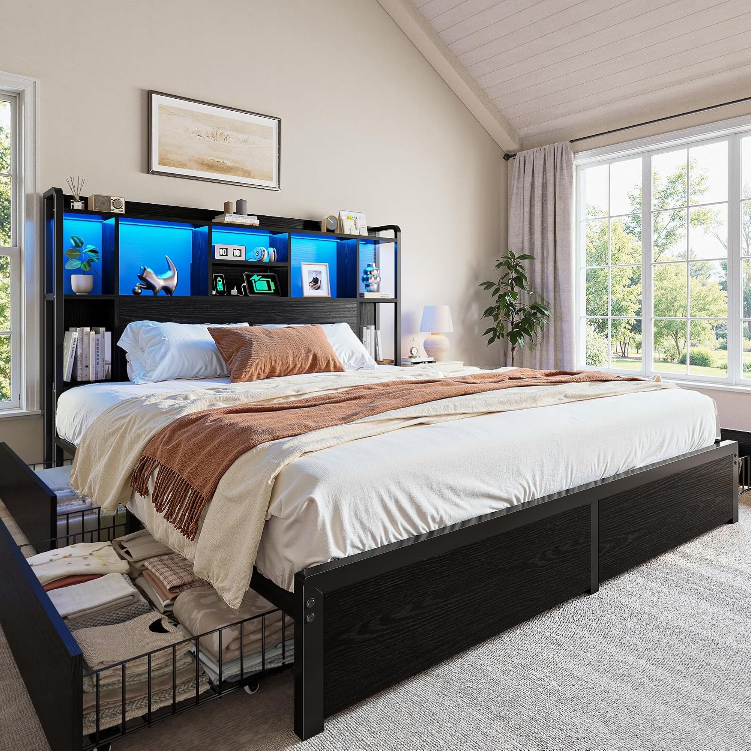 Homkdom Queen Bed Frame with Storage Headboard & 4 Large Drawers Bed Frame Queen Size with 51' Tall Headboard 9 Compartments Led Lights & Charging Station,No Box Spring Needed, No Noise,Black