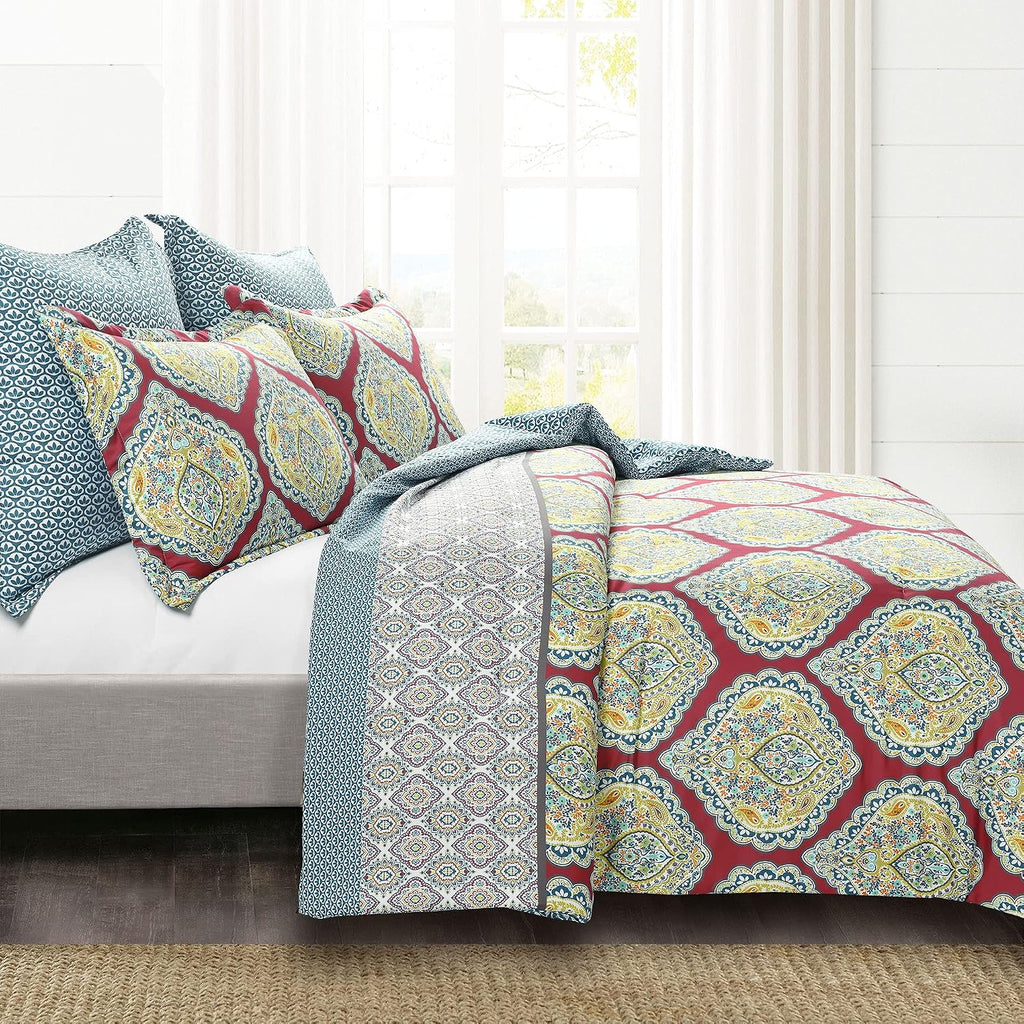 Lush Decor Harley Reversible Comforter King Size 5 Piece Set Red - Boho Bedding Set King Comforter - Red Comforters - Boho Bedroom Decor