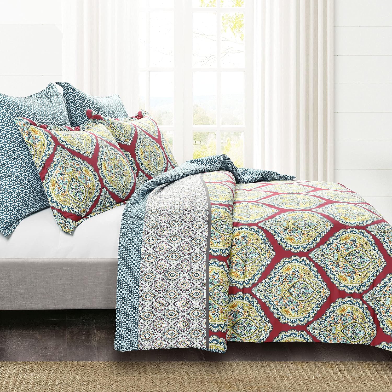 Lush Decor Harley Reversible Comforter King Size 5 Piece Set Red - Boho Bedding Set King Comforter - Red Comforters - Boho Bedroom Decor