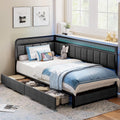 LIKIMIO Twin Corner Bed Frame with Storage Drawers and Charging Station, Modern Twin Daybed with LED Lights and Upholstered Guardrail, Gray