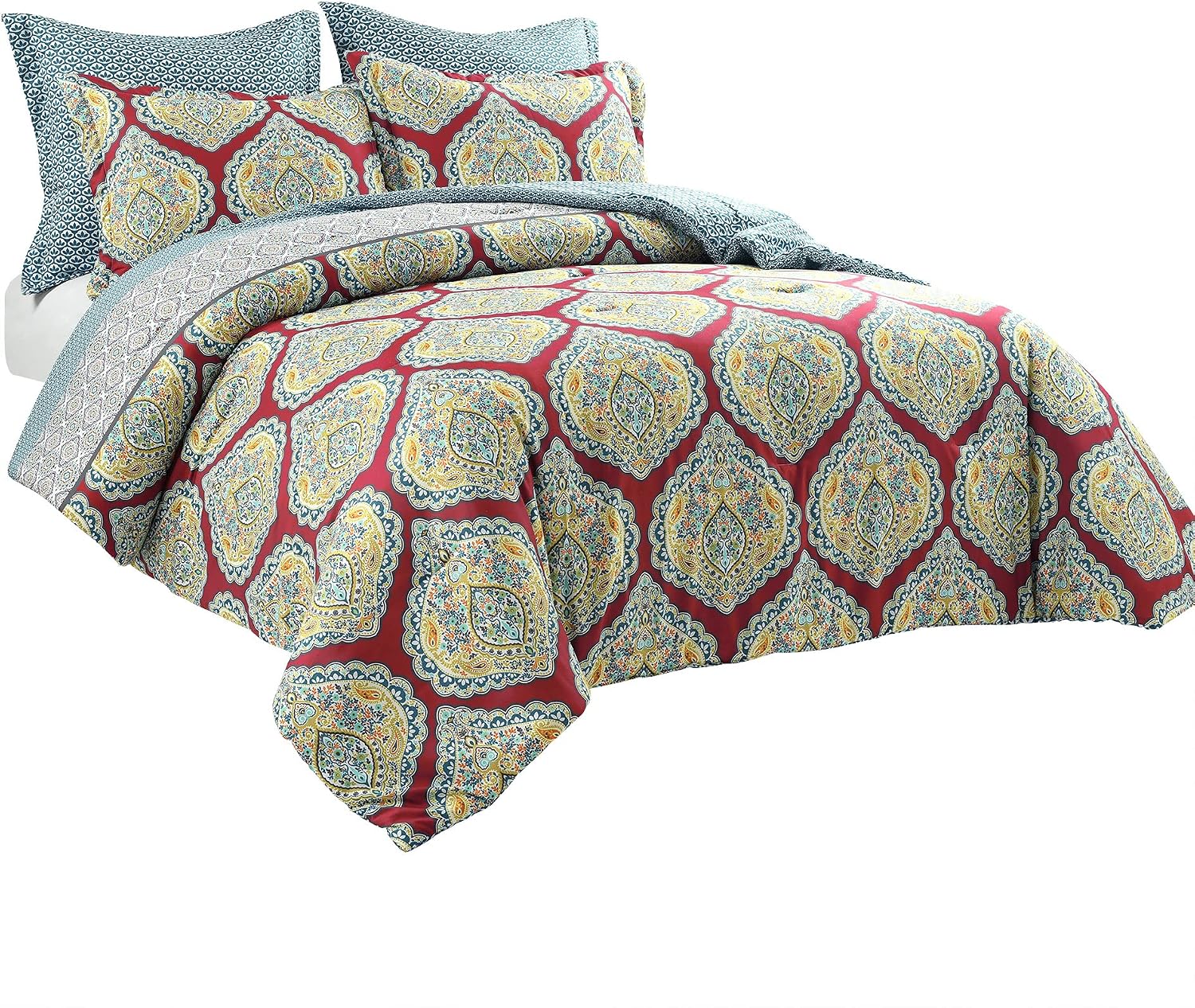 Lush Decor Harley Reversible Comforter King Size 5 Piece Set Red - Boho Bedding Set King Comforter - Red Comforters - Boho Bedroom Decor
