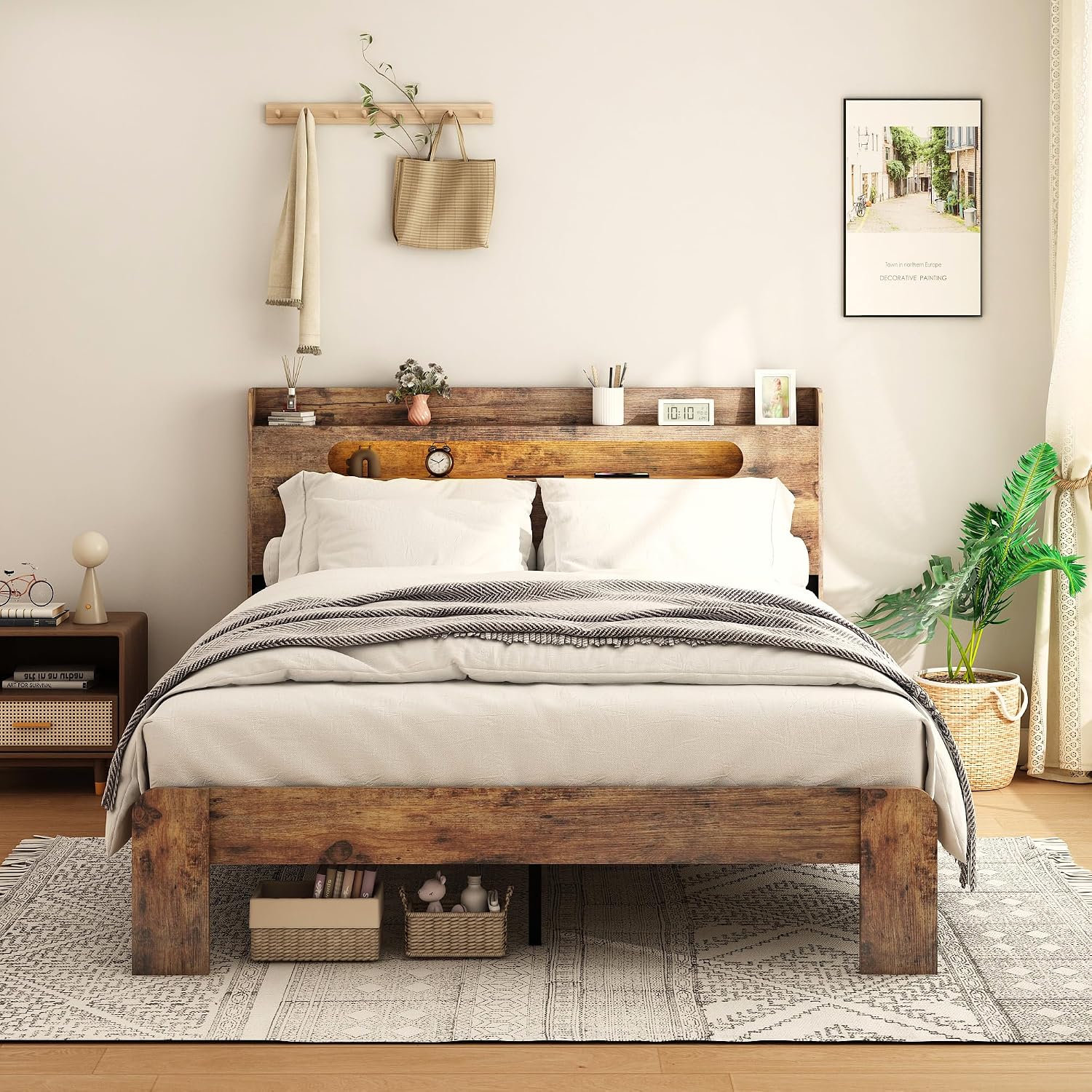 Bellemave Rustic Vintage Full Size Bed Frame with Storage Headboard and Charging Station,Wooden Platform Bed Frame Full Size with LED Lights and Wood Slats,Easy Assembly,Dark Brown