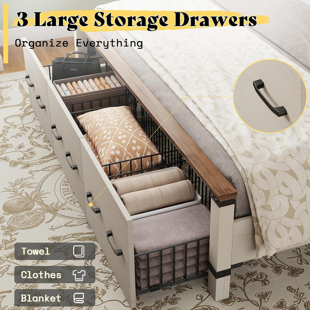 AMERLIFE Farmhouse King Size Bed Frame with 51' Tall Geometric Headboard & Footboard, Rustic Wood Platform Bed Frame/w 3 Large Storage Drawers, Wood Slats Support, No Box Spring Needed, Rustic White