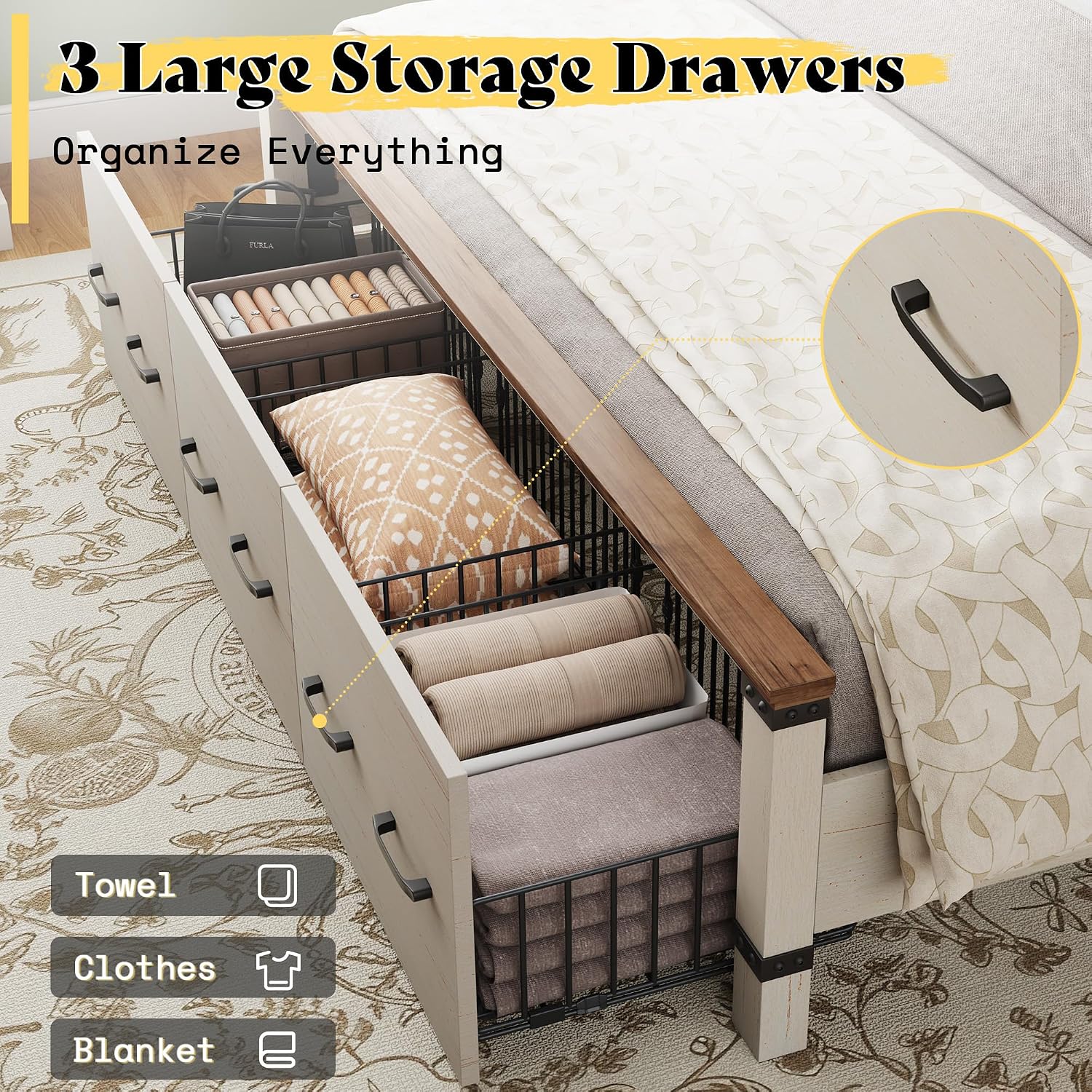 AMERLIFE Farmhouse King Size Bed Frame with 51' Tall Geometric Headboard & Footboard, Rustic Wood Platform Bed Frame/w 3 Large Storage Drawers, Wood Slats Support, No Box Spring Needed, Rustic White