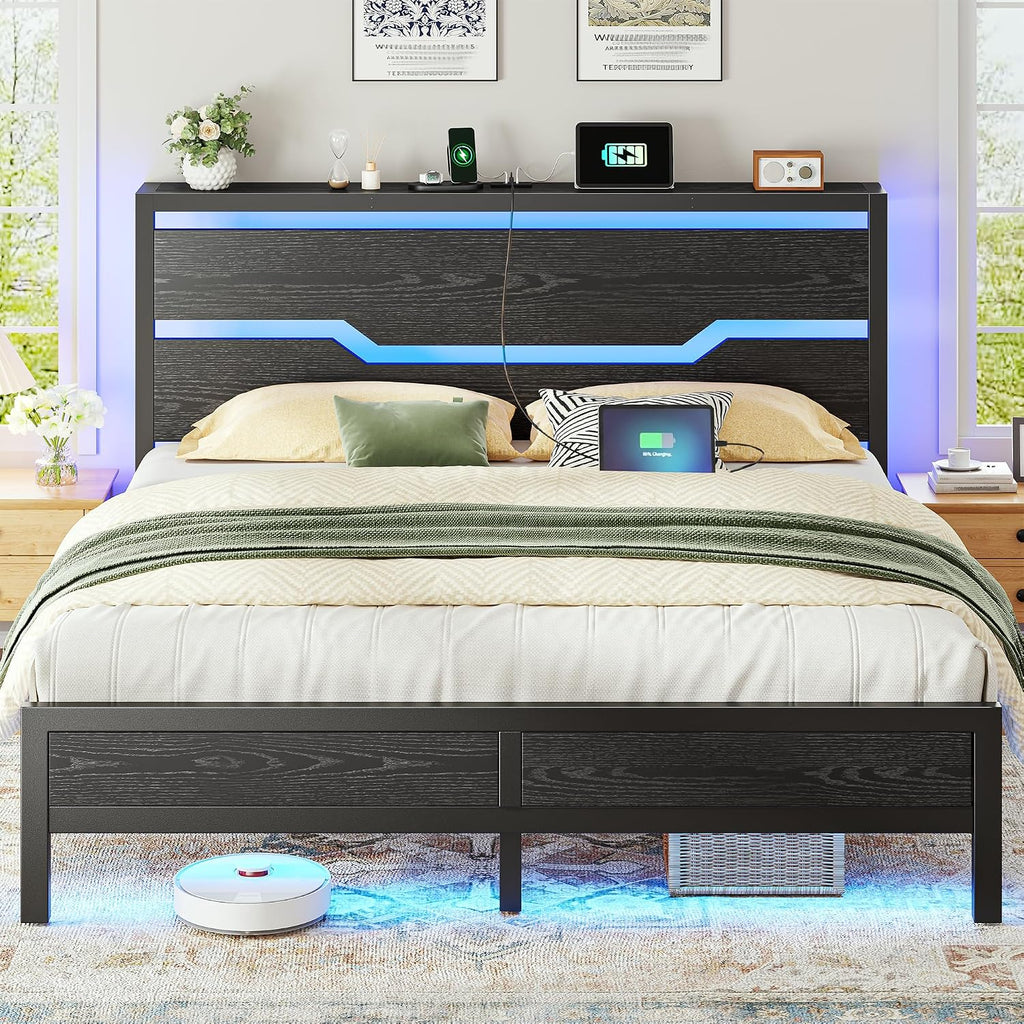 Homkdom Queen Bed Frame with LED Lights & Charging Station, Industrial Metal Platform Bed with 13' Large Under-Bed Storage, Heavy Duty Slats,Noise-Free, No Box Spring Needed, Modern Black