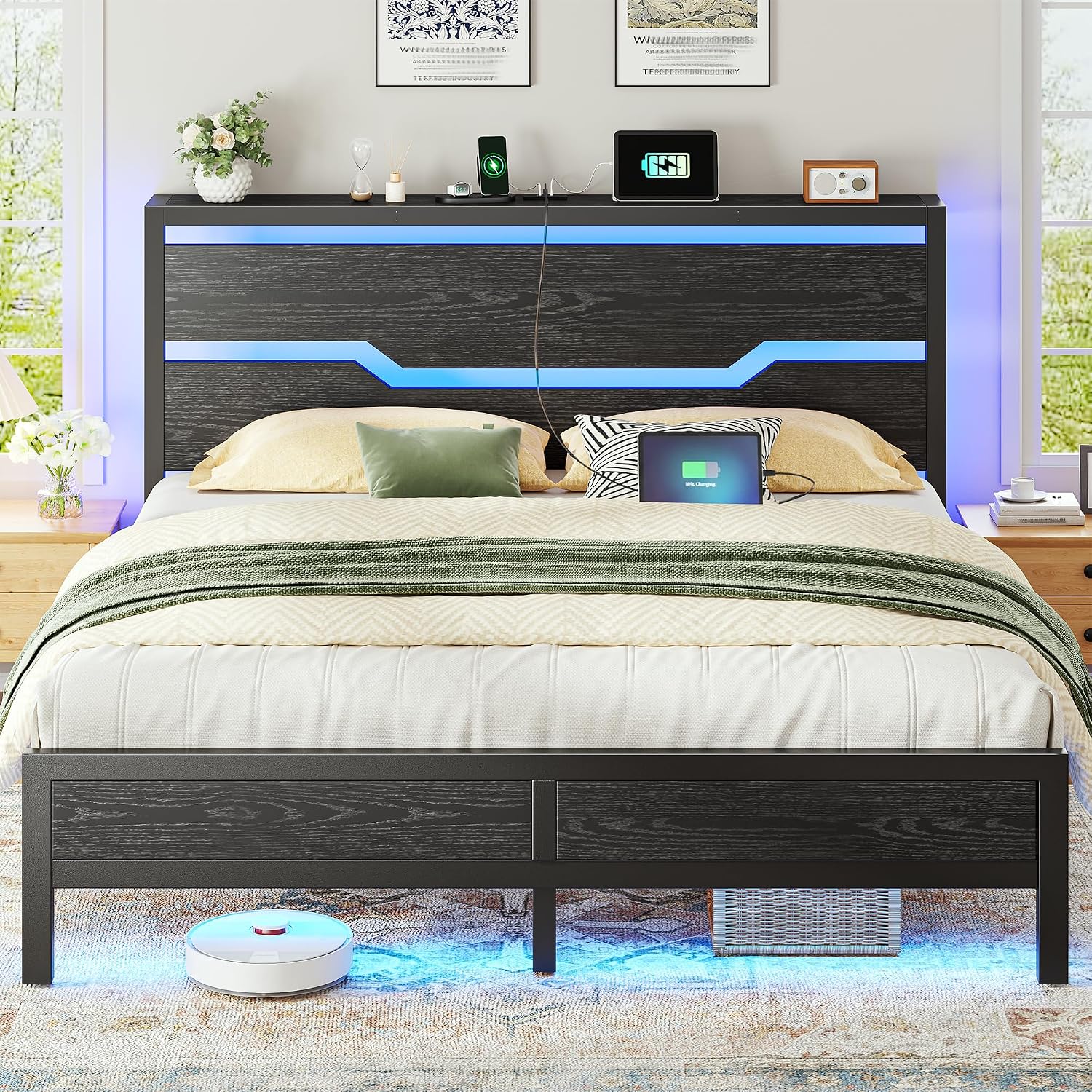 Homkdom Queen Bed Frame with LED Lights & Charging Station, Industrial Metal Platform Bed with 13' Large Under-Bed Storage, Heavy Duty Slats,Noise-Free, No Box Spring Needed, Modern Black