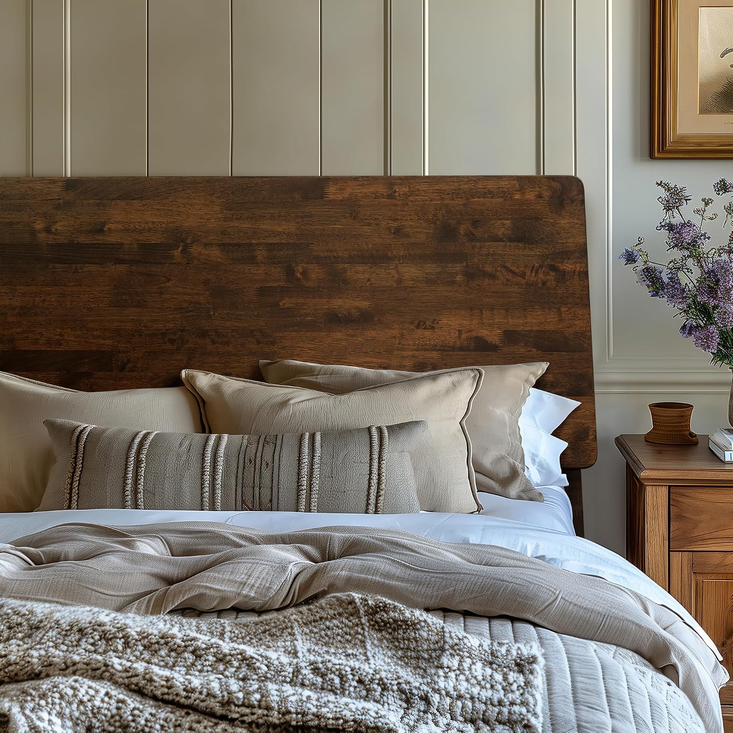 Acacia Serenity King Size Bed Frame, King Bed Frame with Headboard 800 lbs Capacity Natural Wood Bed All Mattress Support & No Box Spring Needed, Wood Slats Support Wooden BedFrame King, Walnut