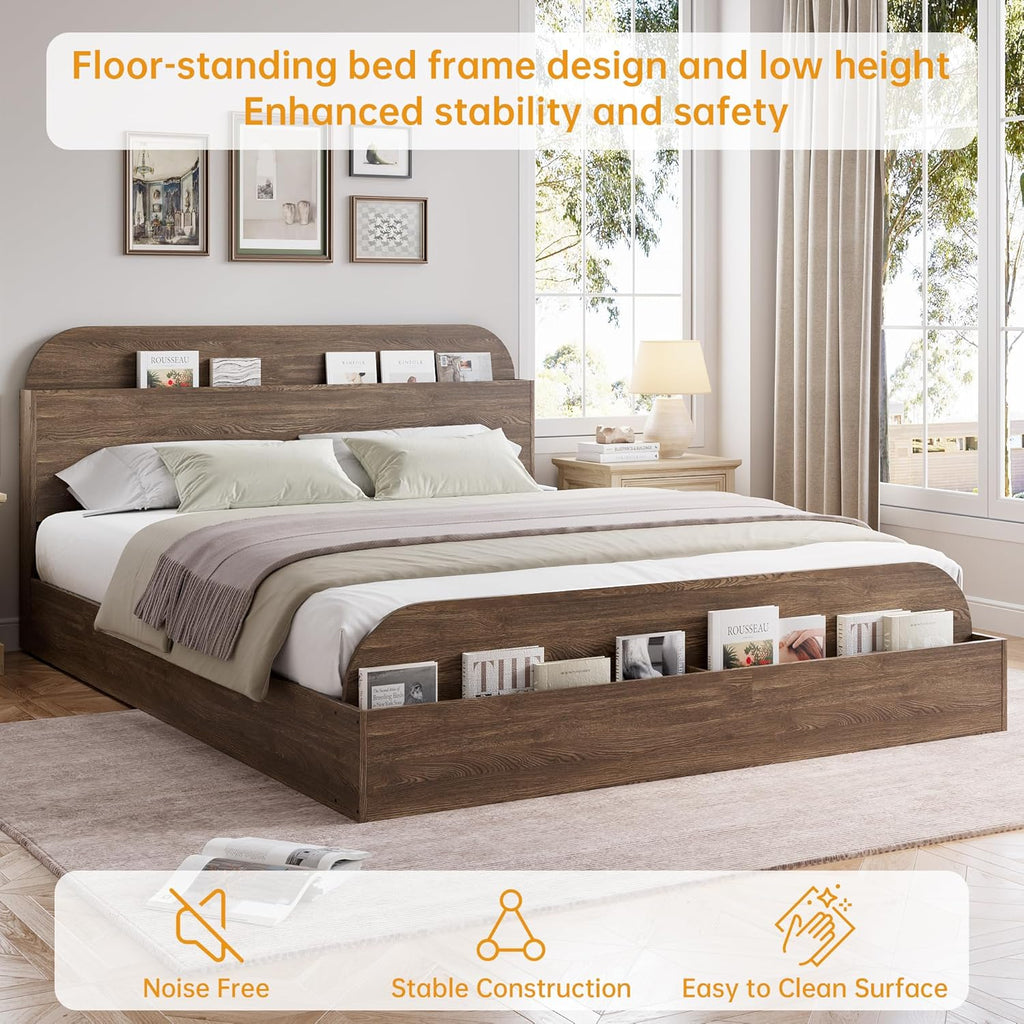 GarveeHome Full Size Bed Frame, Wooden Beds with Storage Headboard and Raised-Foodboard, Full-Floor Low Platform Bed for Bedroom, Sturdy Wooden Slats Support, No Box Spring Needed, Walnut