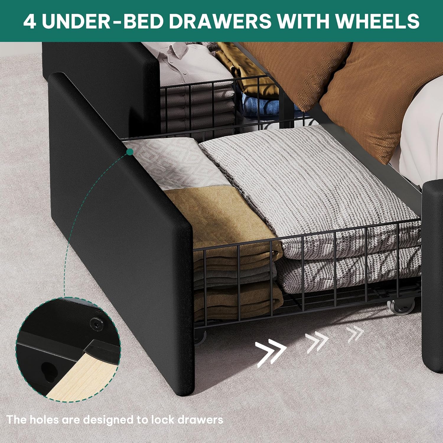 YITAHOME Queen Size Bed Frame with 4 Storage Drawers and RGB LED Lights, 57'' Tall Headboard Velvet Upholstered Bed with Charging Station, No Box Spring Needed, Easy Assembly, Noise-Free, Black