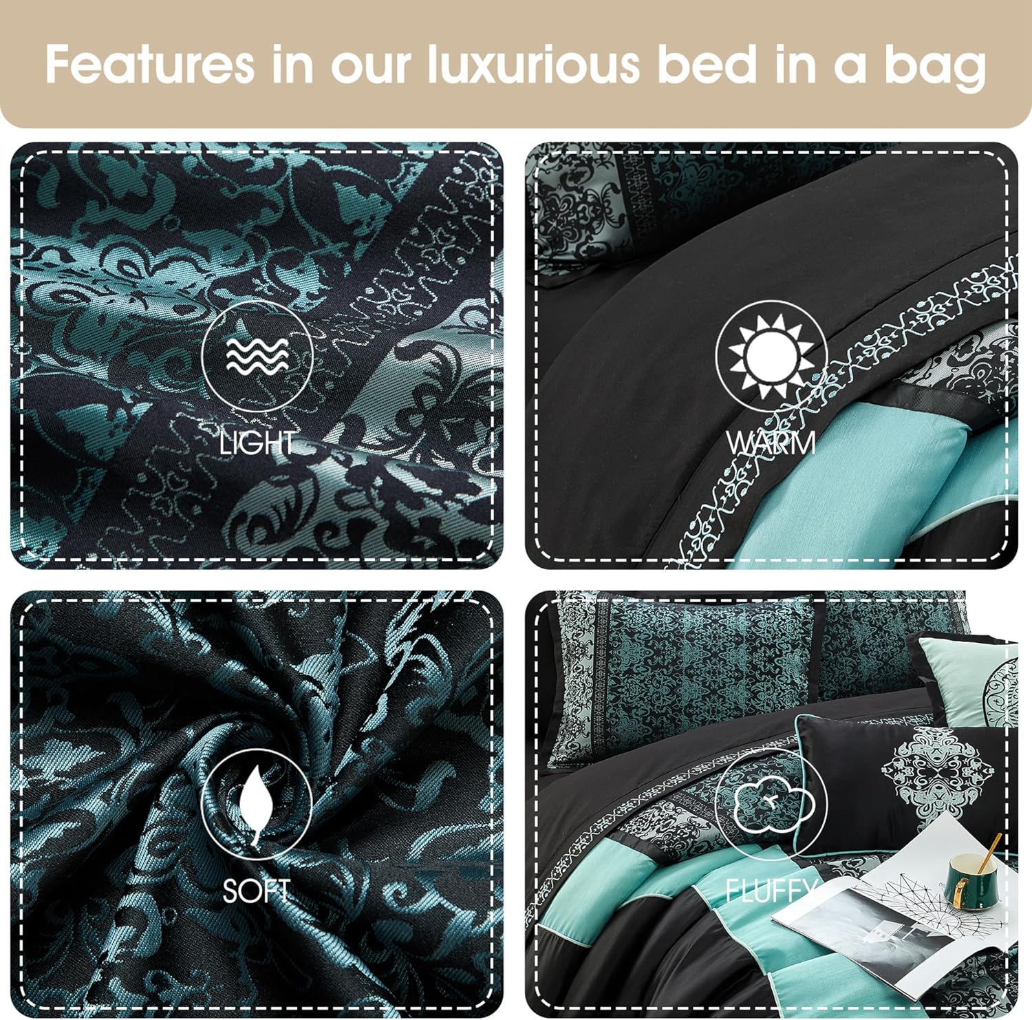 Grand Avenue Black & Teal Comforter Set California King Size, Classic Jacquard Bedding Sets, Faux Silk, Premium Microfiber, 12 Pieces Bed in a Bag, Matching Fitted Sheet, Flat Sheet