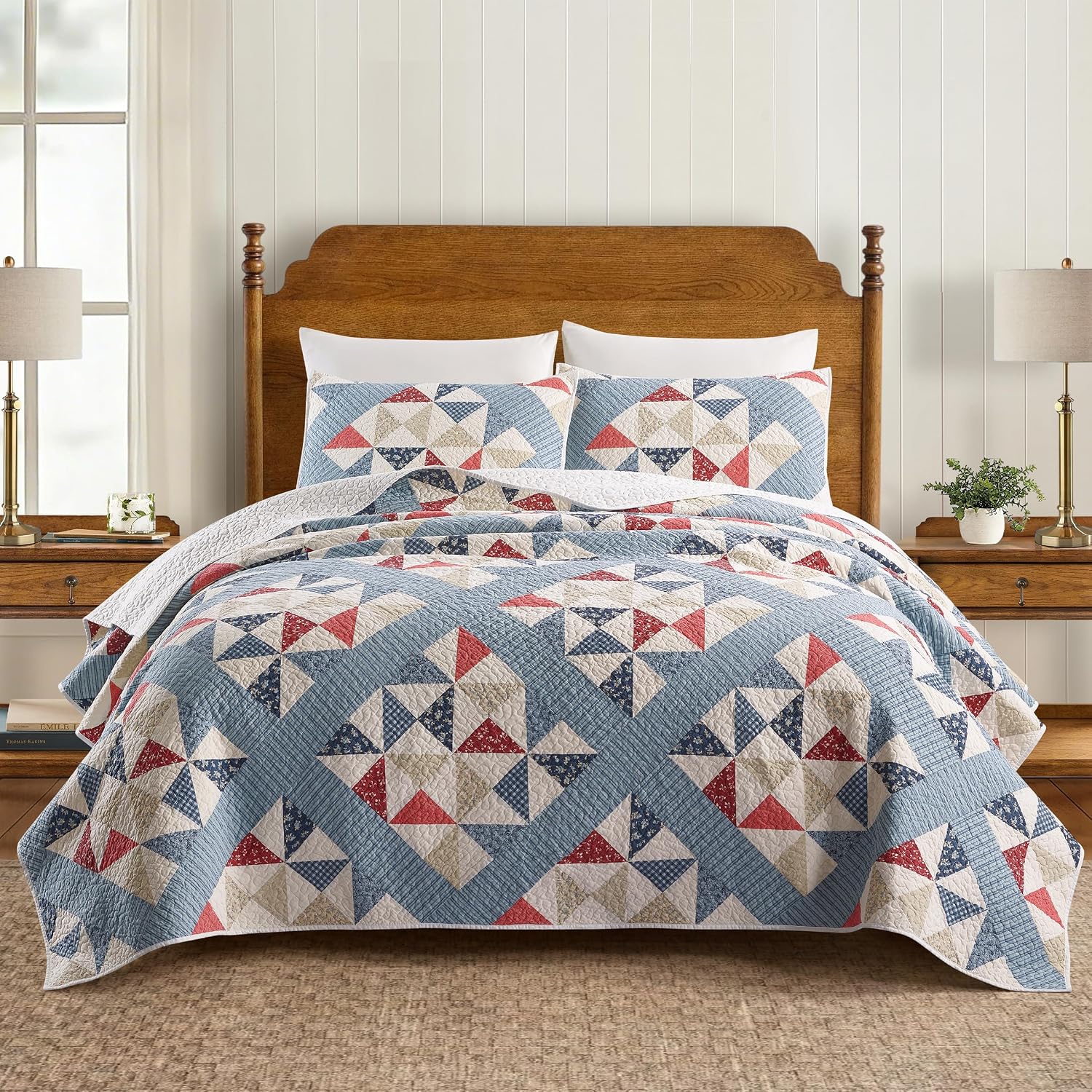 Modern Heirloom Americana Heartland Quilt Set, King, Red White Blue | Pieced Sashing with Printed Star & Pinwheel Blocks| Cotton Face and Fill| 3-Piece
