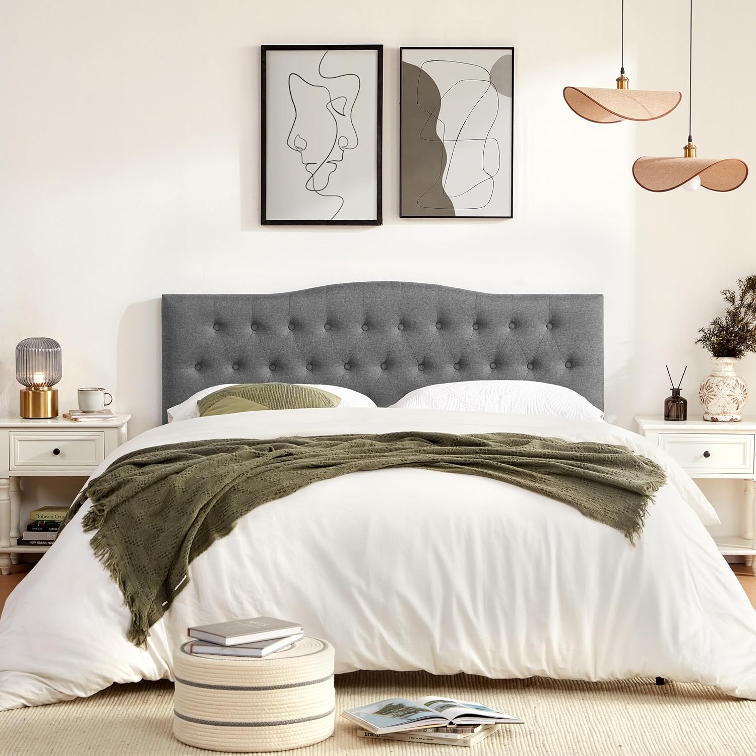 Huatean Home Tufted Upholstered Headboard King Size, Sturdy and Durable Solid Wood Bed headboard, Fabric Headboard Adjustable Height from 37' to 51', Modern Button Diamond Design Head Board, Grey