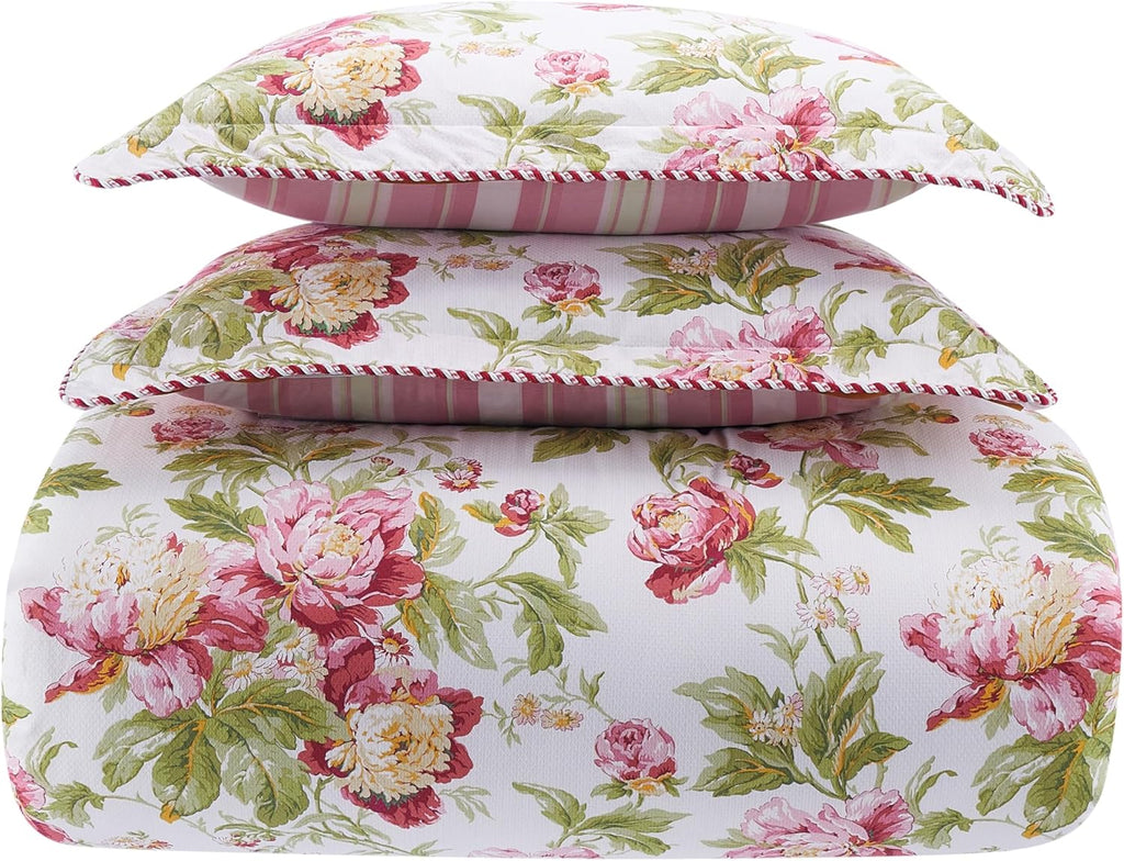 Waverly Forever Peony 4-Piece 100% Cotton Comforter Set - Full/Queen Berry Floral Print, with 2 Shams & 1 Bedskirt