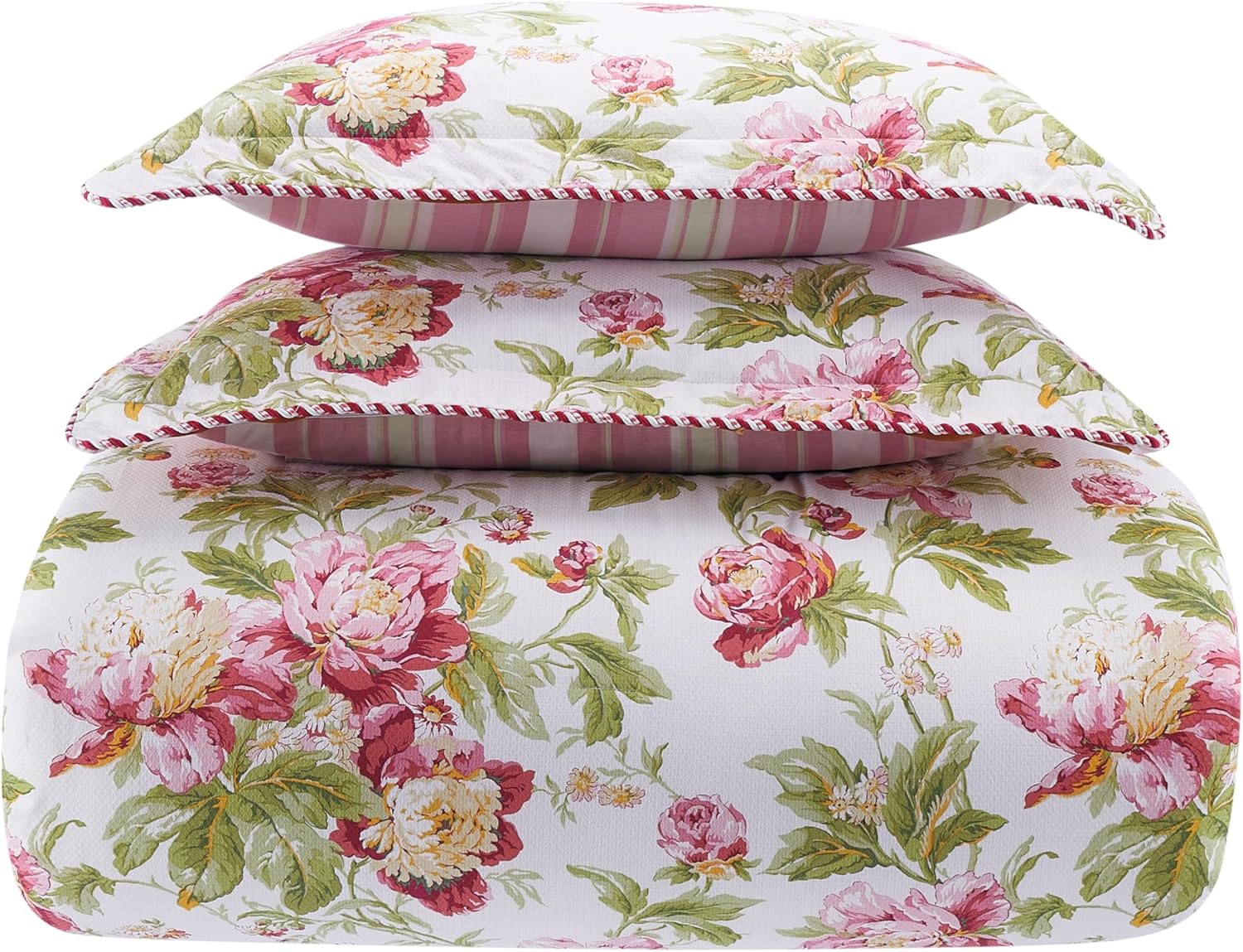 Waverly Forever Peony 4-Piece 100% Cotton Comforter Set - Full/Queen Berry Floral Print, with 2 Shams & 1 Bedskirt
