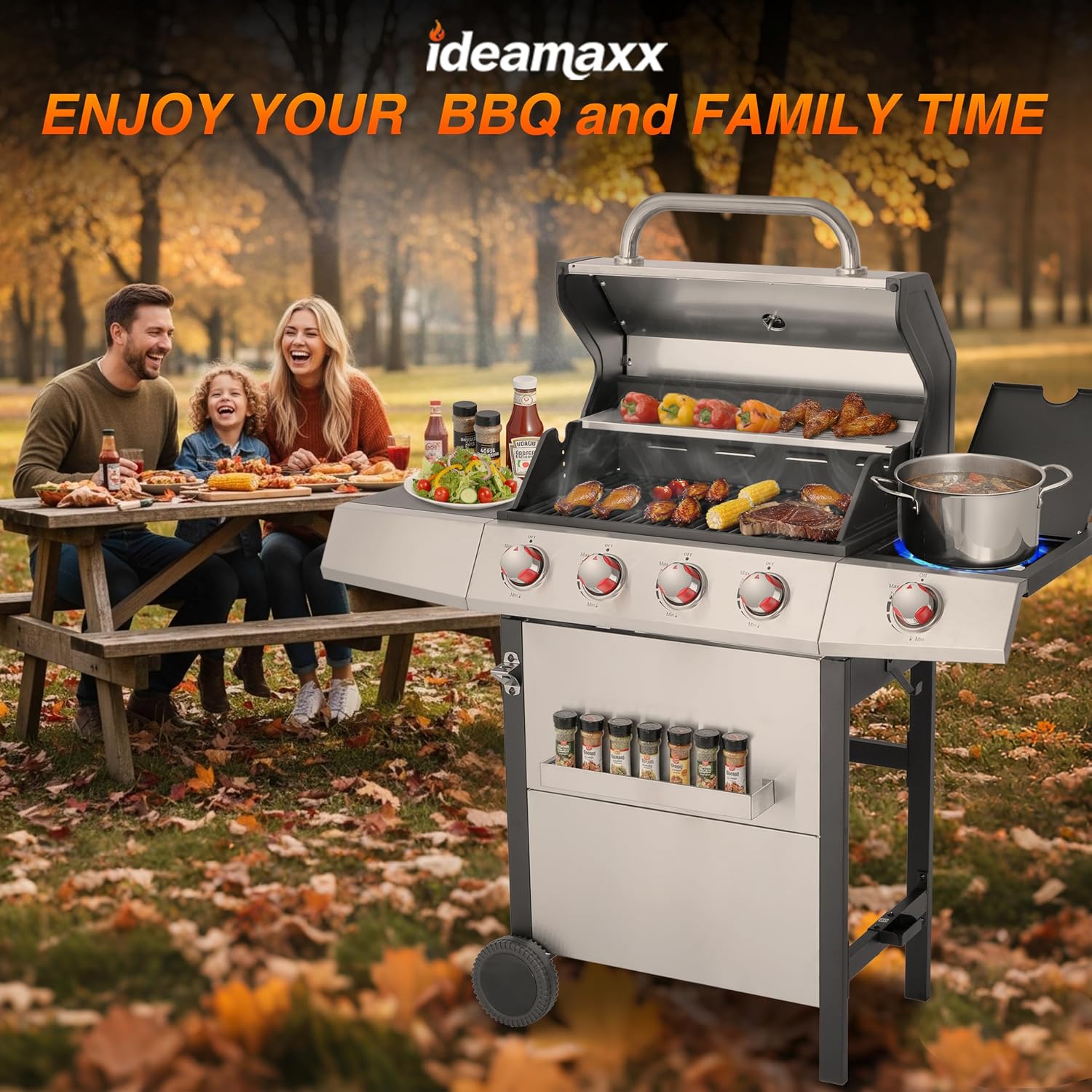 4-in-1 Propane & Charcoal Grill Combo, 4-Burner Gas Griddle with Side Burner, Cast Iron Grates, Outdoor BBQ for Patio & Backyard