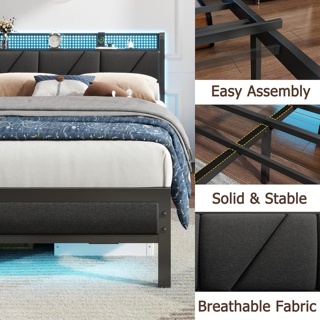 Furnulem Queen Bed Frame with Headboard and Storage Shelf, LED Light and Charging Station, Metal Platform Bed with Heavy Duty Slats, No Box Spring Needed, Noise Free & Easy Assembly
