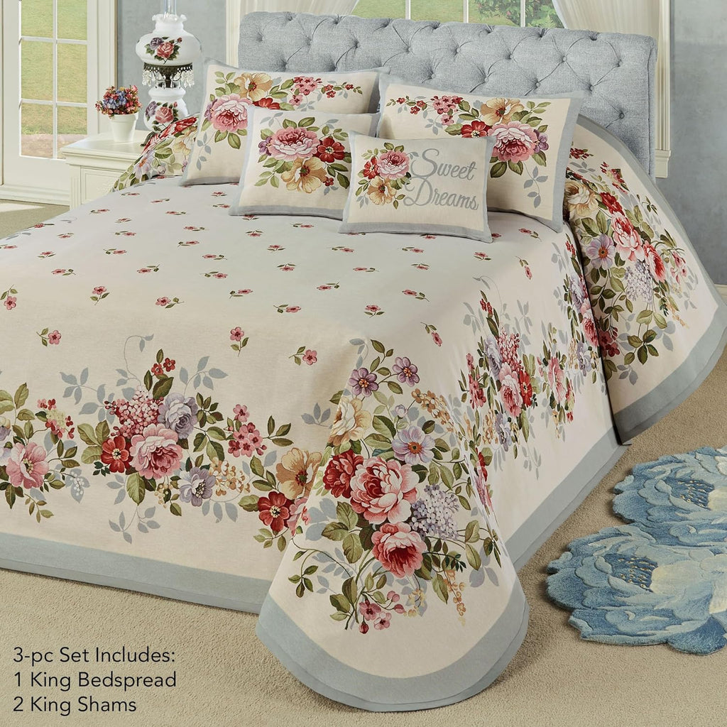 Bouquet Flower Luxury Washable Bedding | Elegant | Wisteria, Golden Yellow, Rose, Garnet, Green, Blue | Jacquard Woven | Polyester Cotton Acrylic Blend | 3 Pc Bed Set: King Bedspread and 2 King Shams