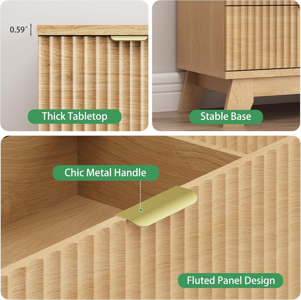 Fluted Dresser for Bedroom with 6 Drawers, 46' Tall Modern Chest of Drawers with Metal Handle, Wooden Dresser TV Stand, Wood Closet Clothes Storage Organizer for Living Room, Hallway, Natural Oak