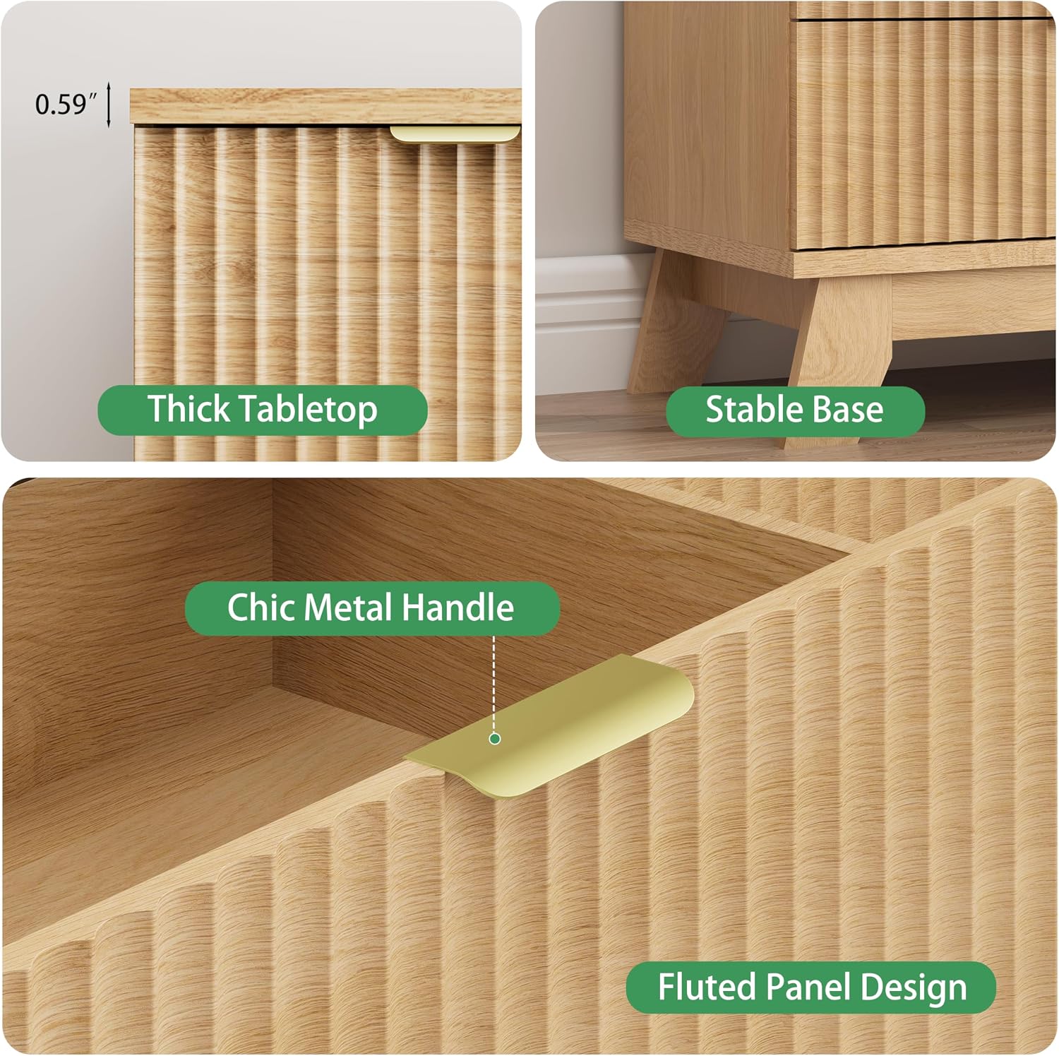 Fluted Dresser for Bedroom with 6 Drawers, 46' Tall Modern Chest of Drawers with Metal Handle, Wooden Dresser TV Stand, Wood Closet Clothes Storage Organizer for Living Room, Hallway, Natural Oak