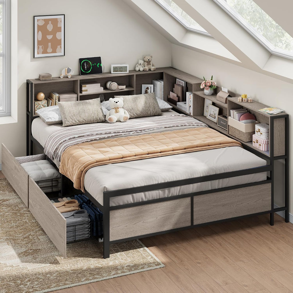 Corner Bed Frame with High Footboard Design, Full Size Bed Frame with 2 Storage Drawers and 8 Bookcases, Full Size Daybed with Charging Station for Kids Teens