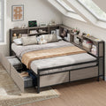 Corner Bed Frame with High Footboard Design, Full Size Bed Frame with 2 Storage Drawers and 8 Bookcases, Full Size Daybed with Charging Station for Kids Teens