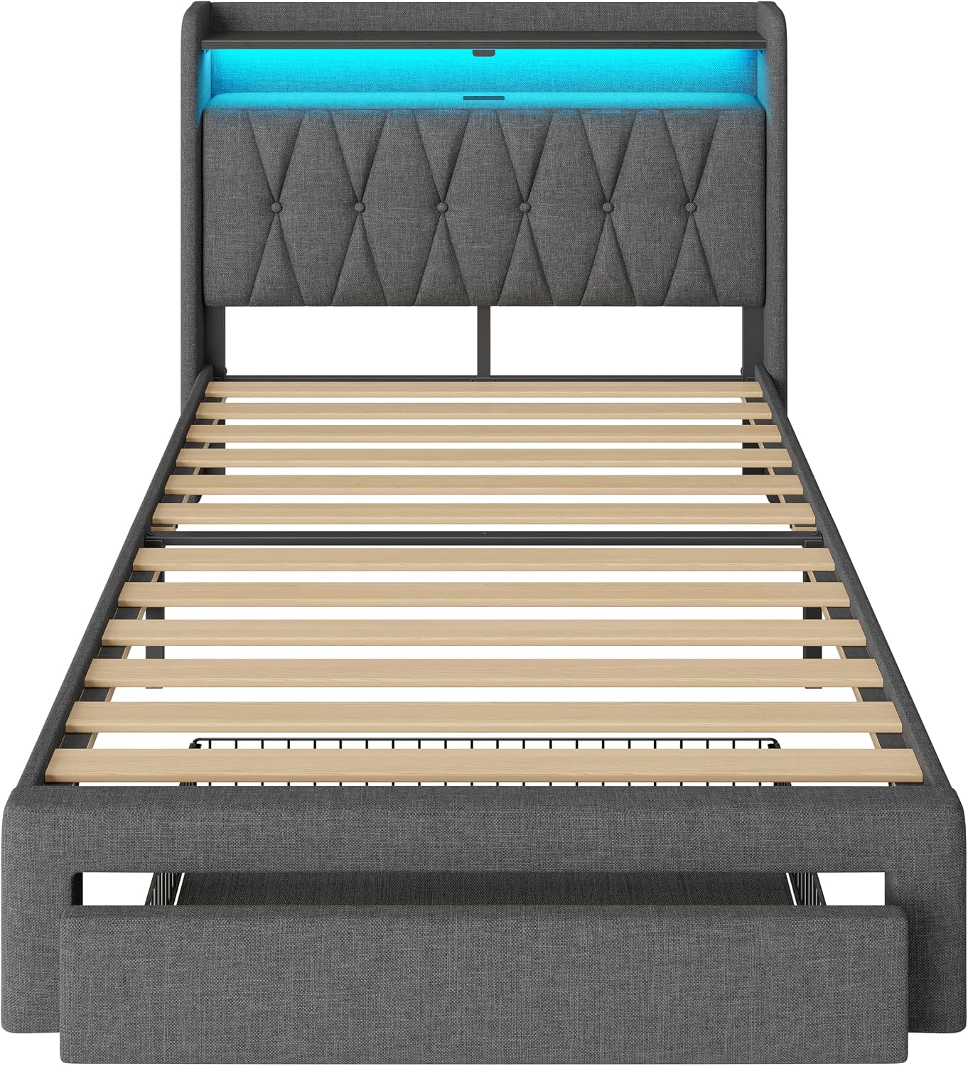 Rolanstar Twin Bed Frame with Drawer, Storage Headboard with Charging Station and LED Lights, Upholstered Bed with Heavy Duty Wood Slats, No Box Spring Needed, Noise Free, Easy Assembly, Dark Grey