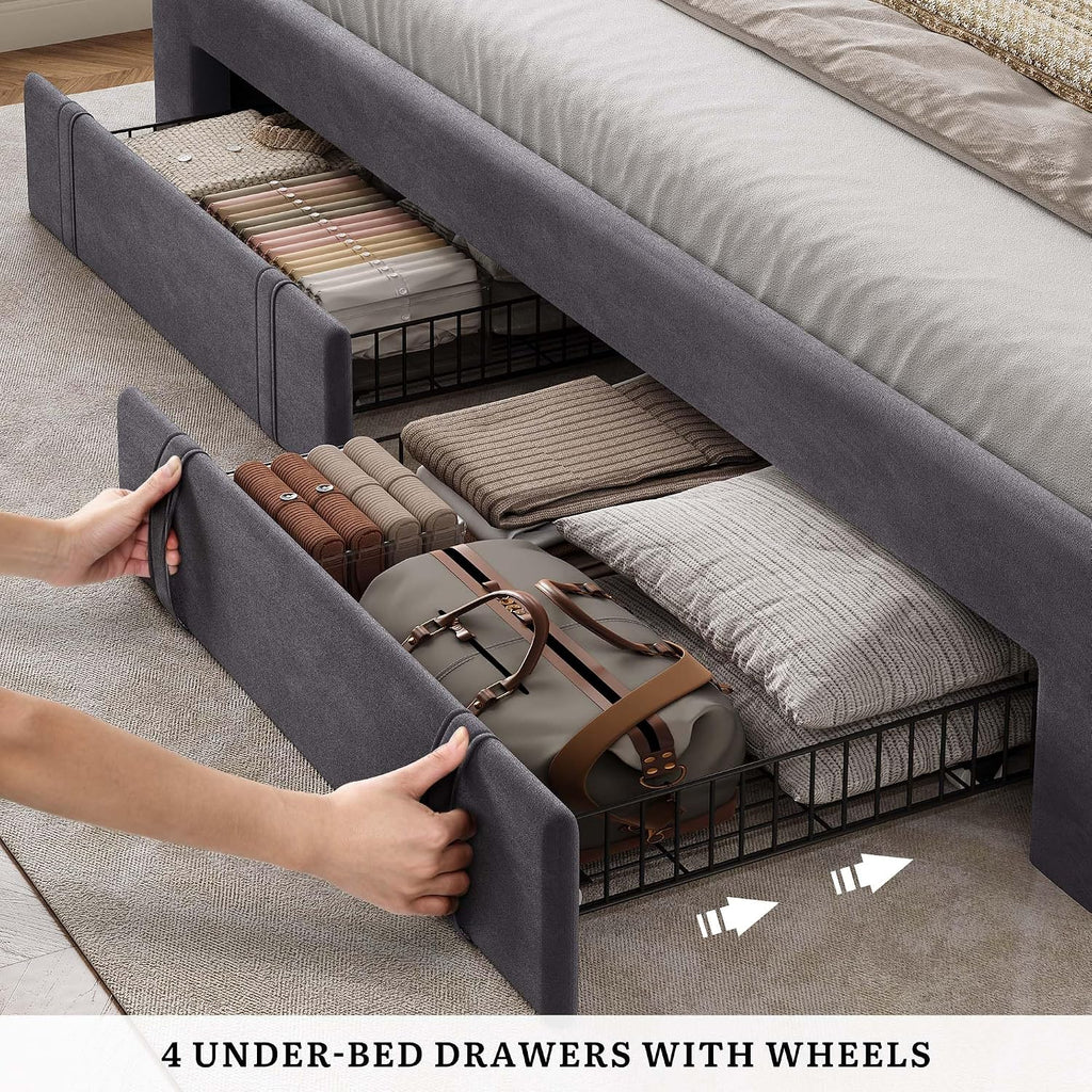 DWVO King Size Bed Frame with Adjustable Headboard, 4 Storage Drawers and RGB LED Lights, Velvet Upholstered Platform Bed with USB Ports, No Box Spring Needed, Fast Assembly, Noise-Free, Dark Grey