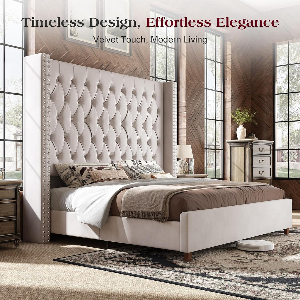 PaPaJet California King Bed Frame with 61.4' Extra Tall Wingback Headboard, Velvet Upholstered Platform Bed with Deep Button Tufting, Noise-Free Wood Slat Support, No Box Spring Needed, Cream