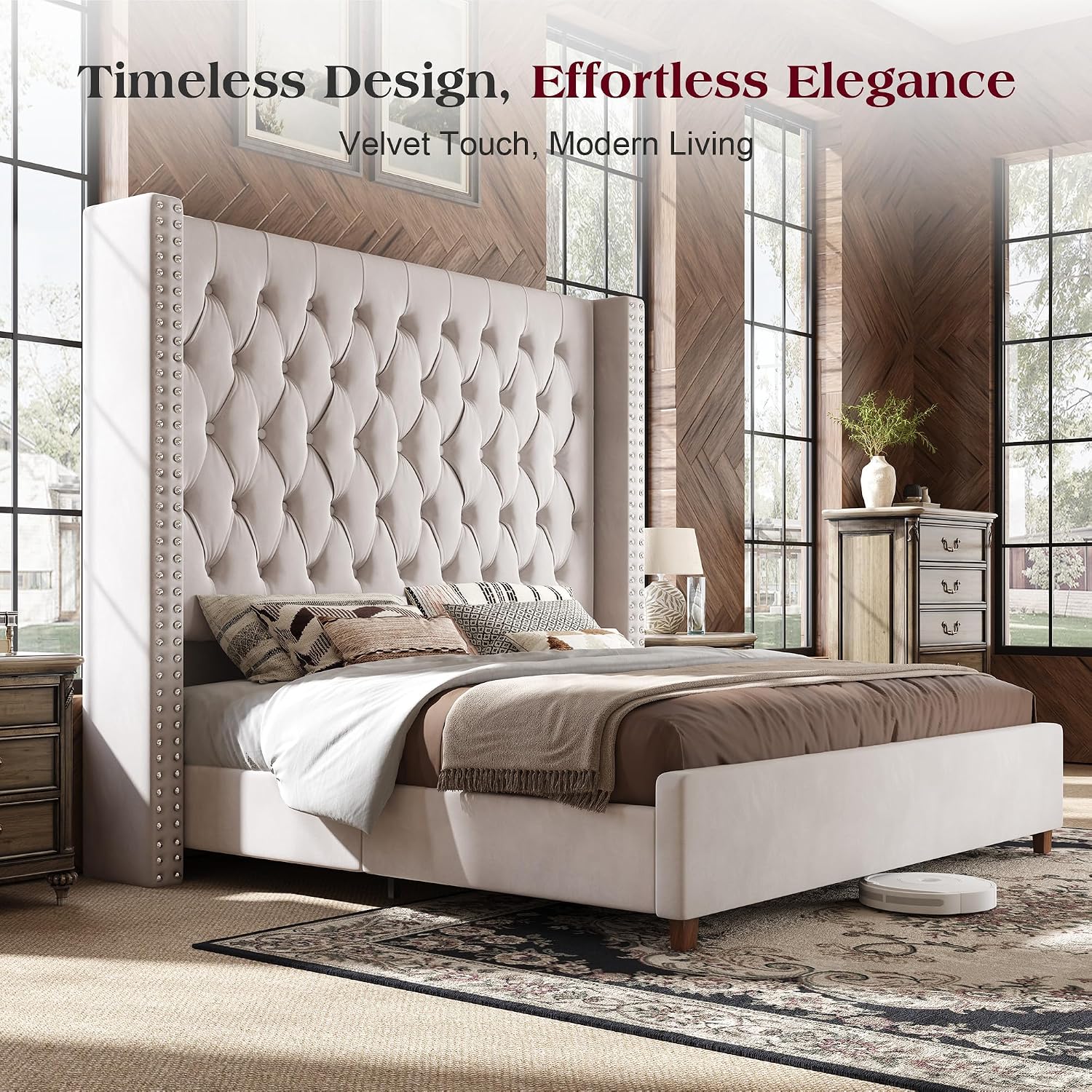 PaPaJet California King Bed Frame with 61.4' Extra Tall Wingback Headboard, Velvet Upholstered Platform Bed with Deep Button Tufting, Noise-Free Wood Slat Support, No Box Spring Needed, Cream