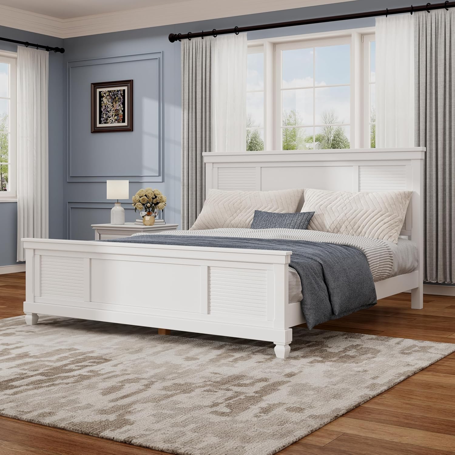 Christopher Knight Home Todie Modern Queen Size Bed Frame with Headboard, Wooden Queen Size Platform Bed Frame, Farmhouse Queen Size Bed Set, No Box Spring Needed, Easy Assembly, White