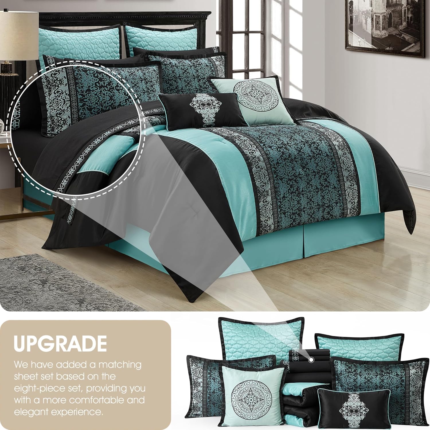 Grand Avenue Black & Teal Comforter Set California King Size, Classic Jacquard Bedding Sets, Faux Silk, Premium Microfiber, 12 Pieces Bed in a Bag, Matching Fitted Sheet, Flat Sheet