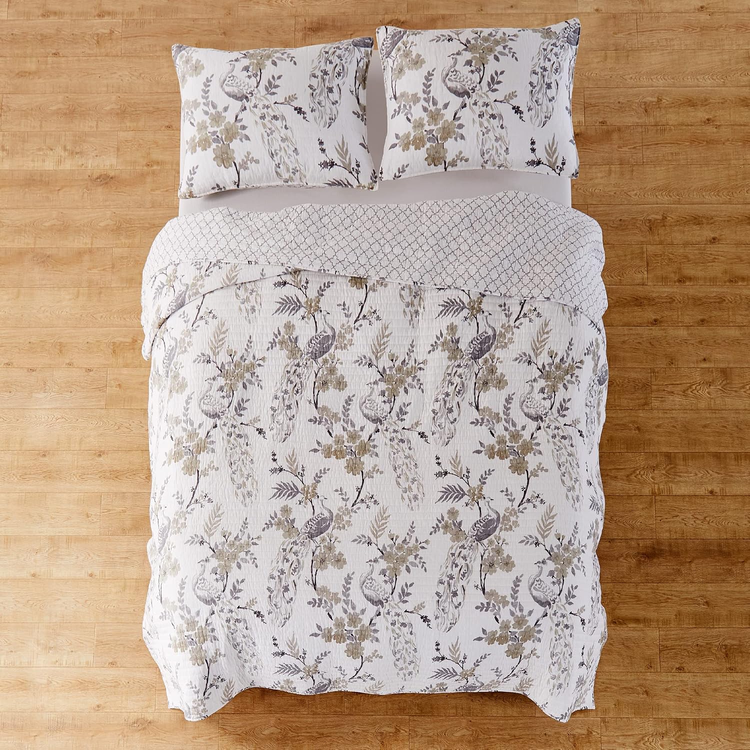 Levtex Home Pisa Reversible King Bedspread Set (120x106in) with 2 Pillow Shams (36x20in) - Floral Peacock - Grey, Taupe - Cotton King Size Bedspread Set - Soft, Pre-Washed