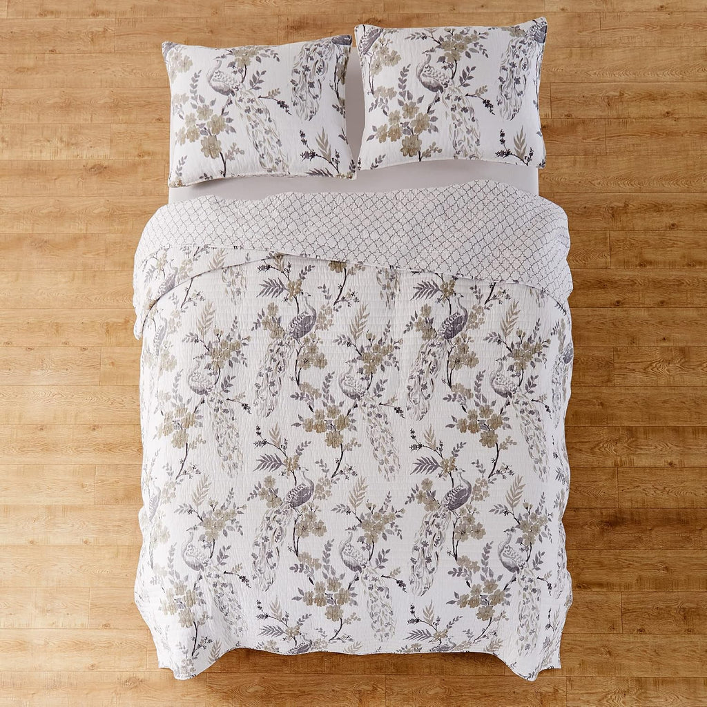 Levtex Home Pisa Reversible Twin Bedspread Set (80x106in) with 1 Pillow Sham (26x20in) - Floral Peacock - Grey, Taupe - 100% Cotton Twin Size Bedspread Set - Lightweight, Soft, Pre-Washed