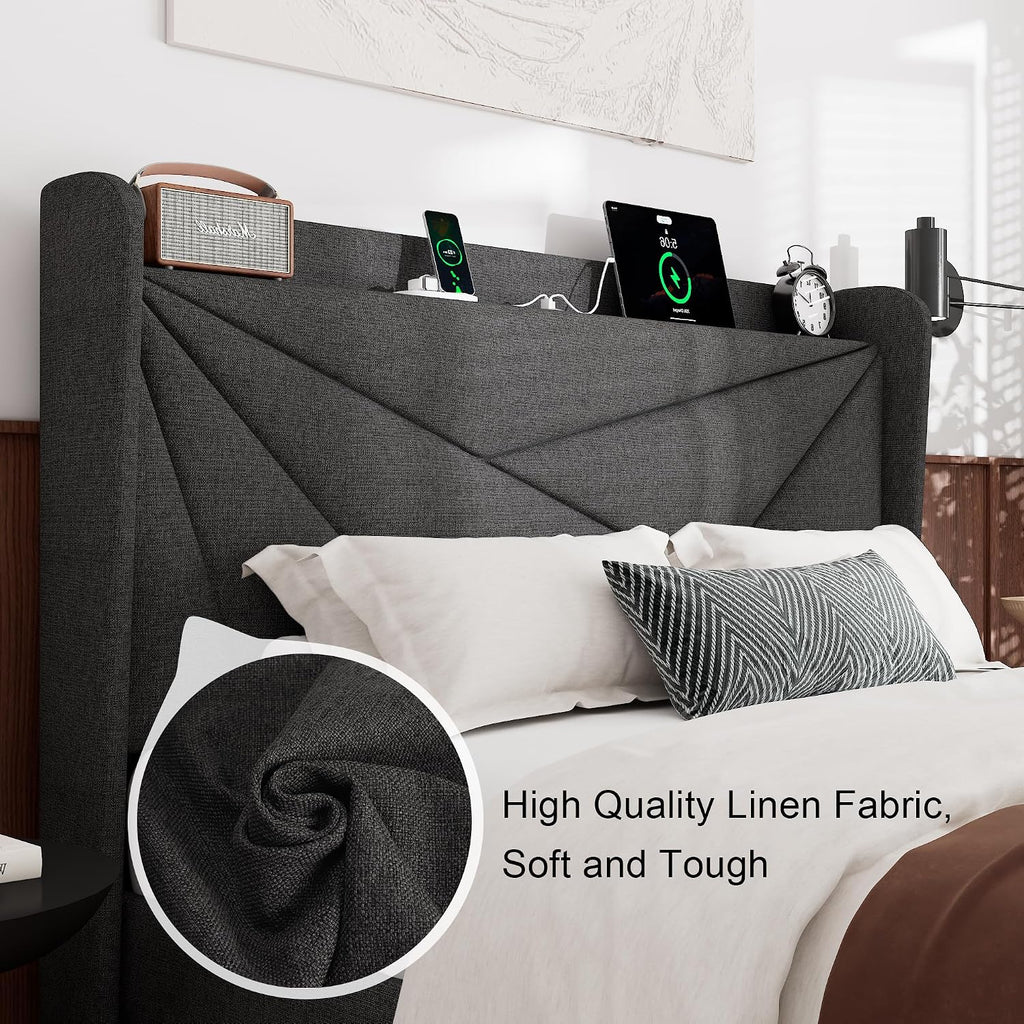 Feonase Full Size Bed Frame with Charging Station, Upholstered Linen Bedframe with Wingback Headboard, Solid Wood Slats Support, Noise Free, No Box Spring Needed, Charcoal Grey