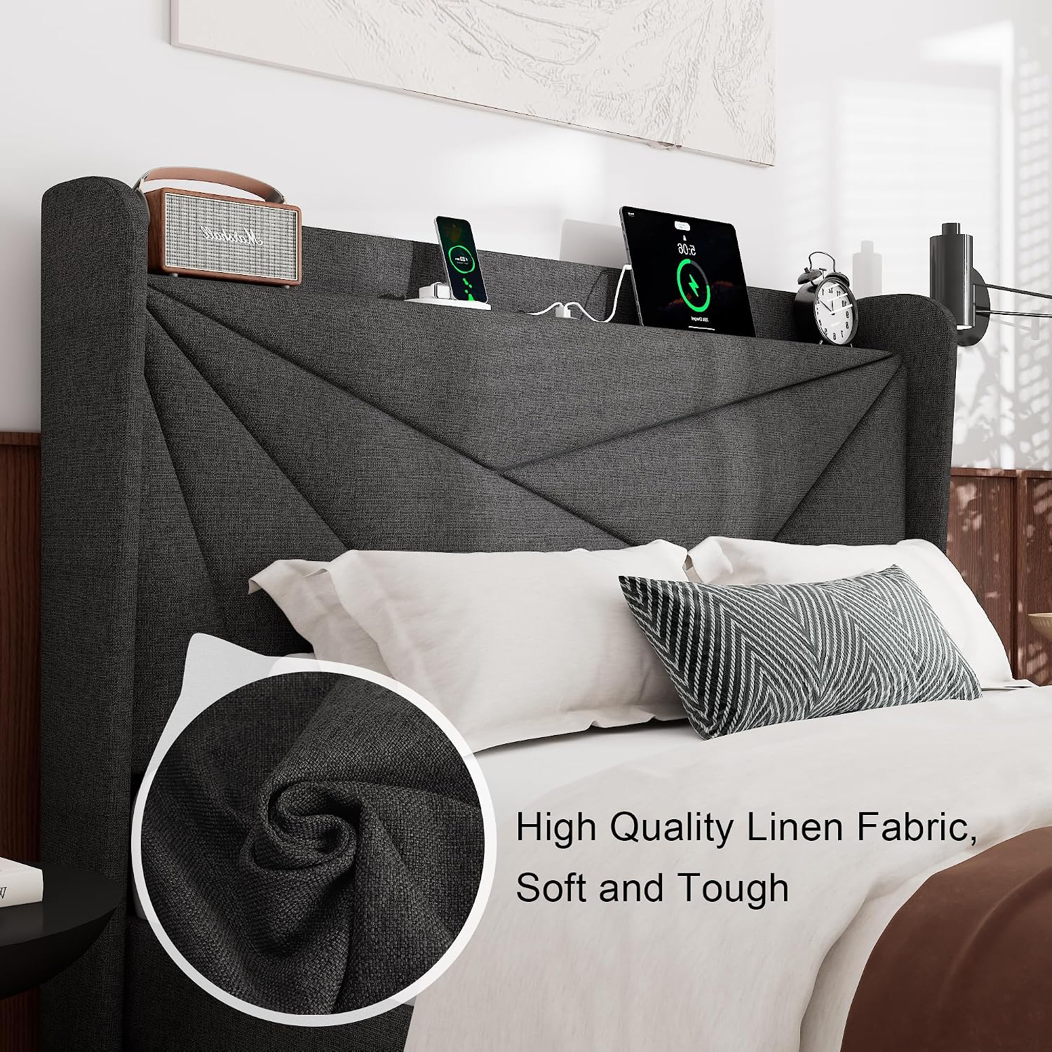 Feonase Full Size Bed Frame with Charging Station, Upholstered Linen Bedframe with Wingback Headboard, Solid Wood Slats Support, Noise Free, No Box Spring Needed, Charcoal Grey