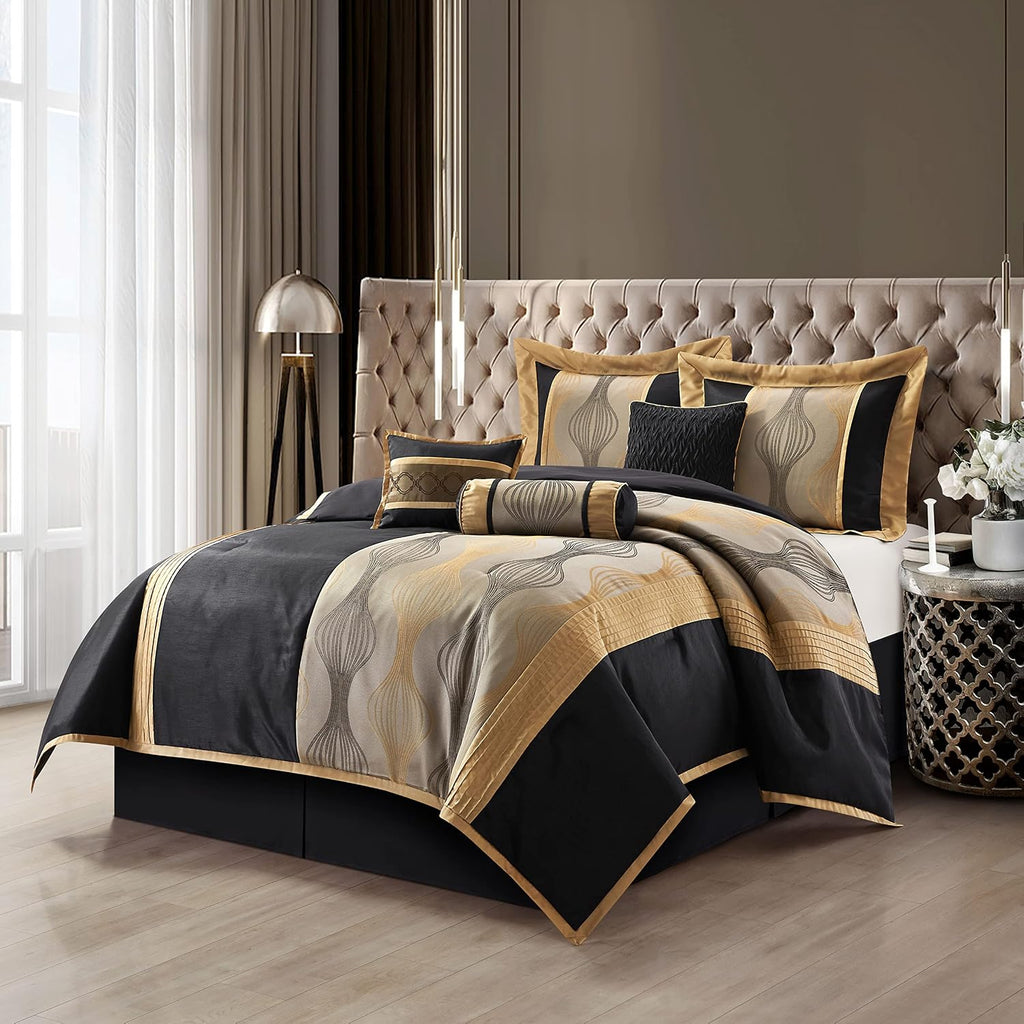 Grand Avenue Elegant Black and Gold Comforter Set, Striped, 7 Pieces Jacquard Bedding Sets with Comforter, Bed Skirt, Pillows & Shams, California King Size All Season, Lightweight Microfiber