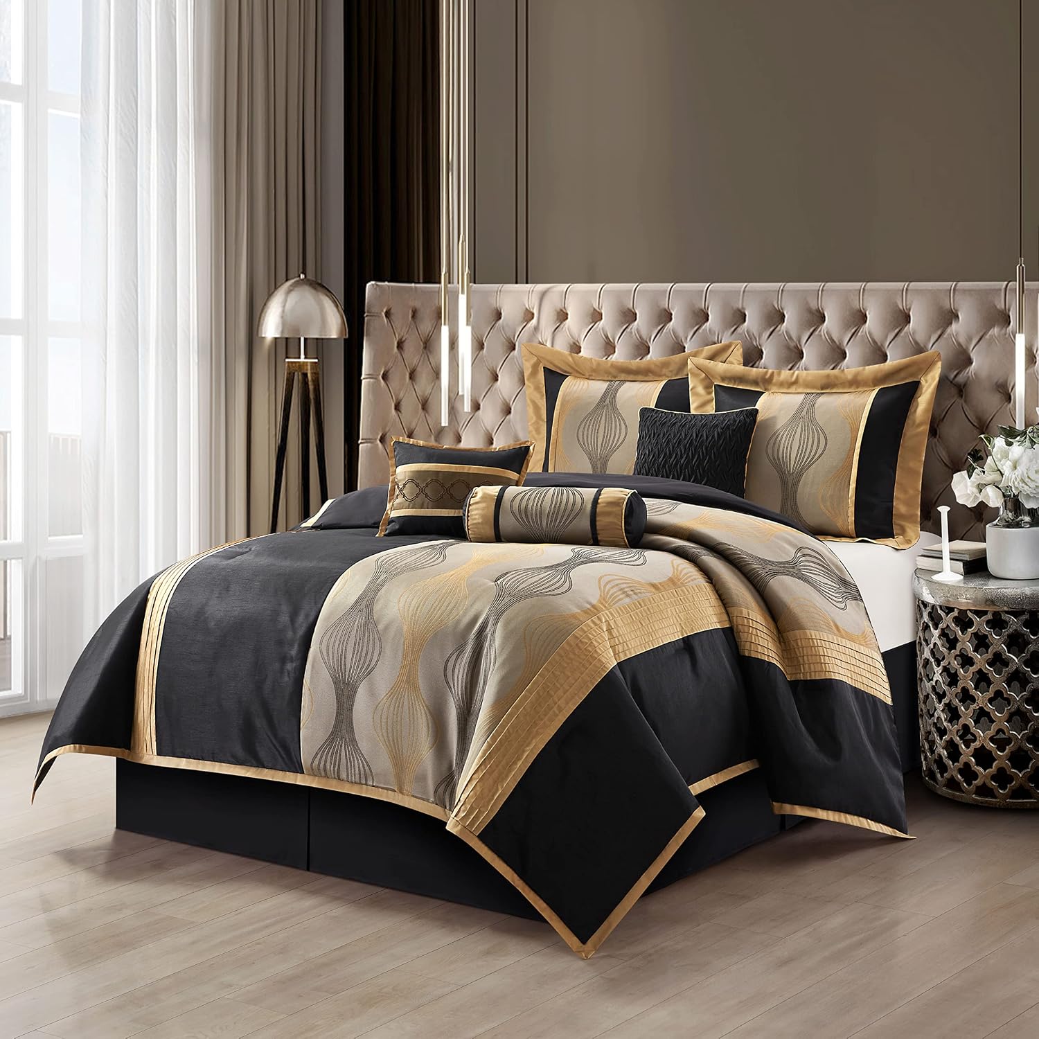 Grand Avenue Elegant Black and Gold Comforter Set, Striped, 7 Pieces Jacquard Bedding Sets with Comforter, Bed Skirt, Pillows & Shams, California King Size All Season, Lightweight Microfiber