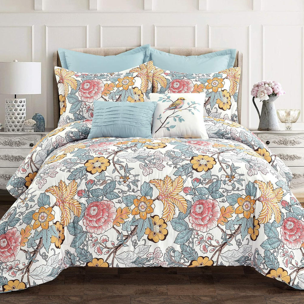 Lush Decor Sydney Comforter Set, 7 Piece, Full/Queen, Blue & Yellow - Fully Styled Bedding Queen Size Comforter Set - Colorful Floral Print - Cottage Core Decor - Coquette Bedding