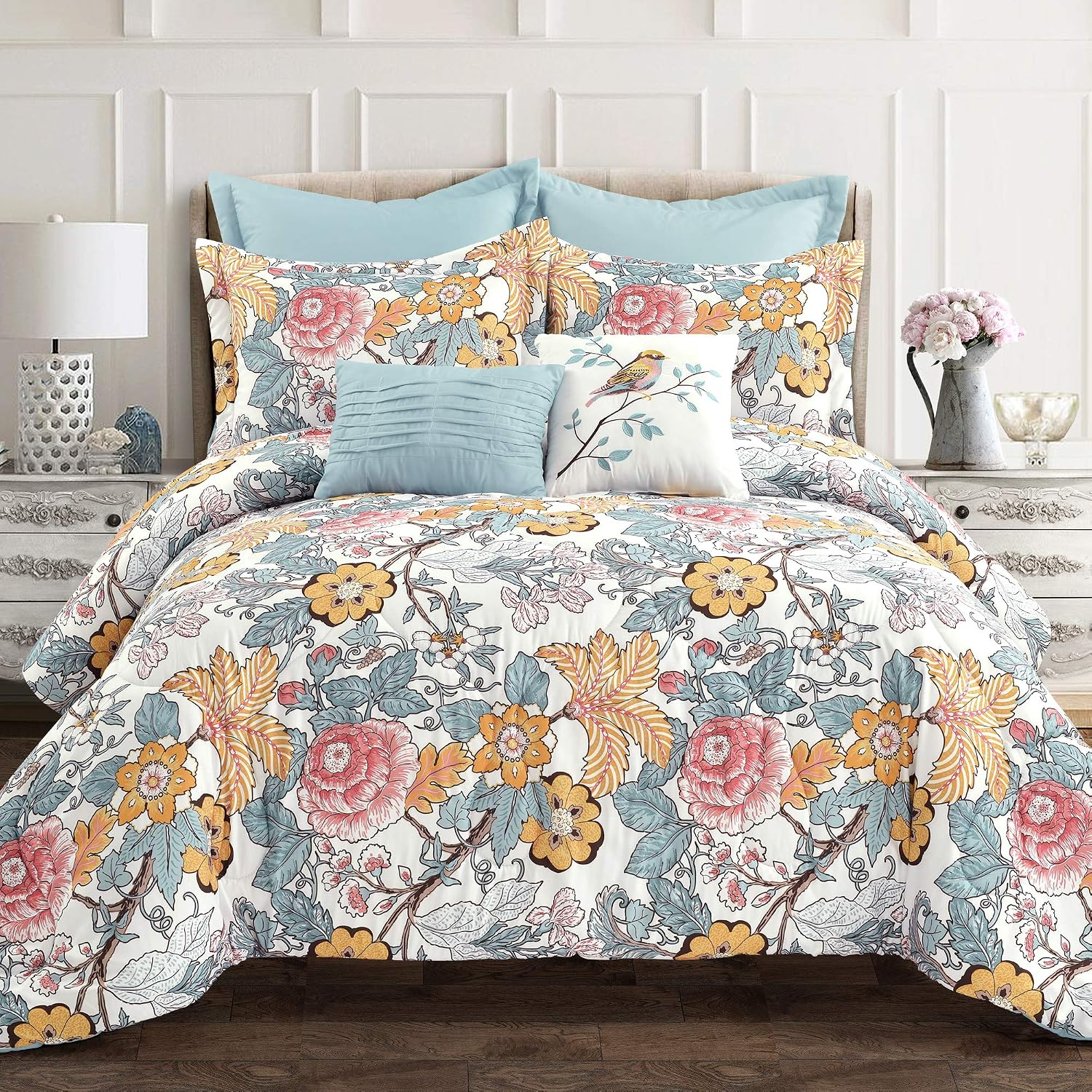 Lush Decor Sydney Comforter Set, 7 Piece, Full/Queen, Blue & Yellow - Fully Styled Bedding Queen Size Comforter Set - Colorful Floral Print - Cottage Core Decor - Coquette Bedding