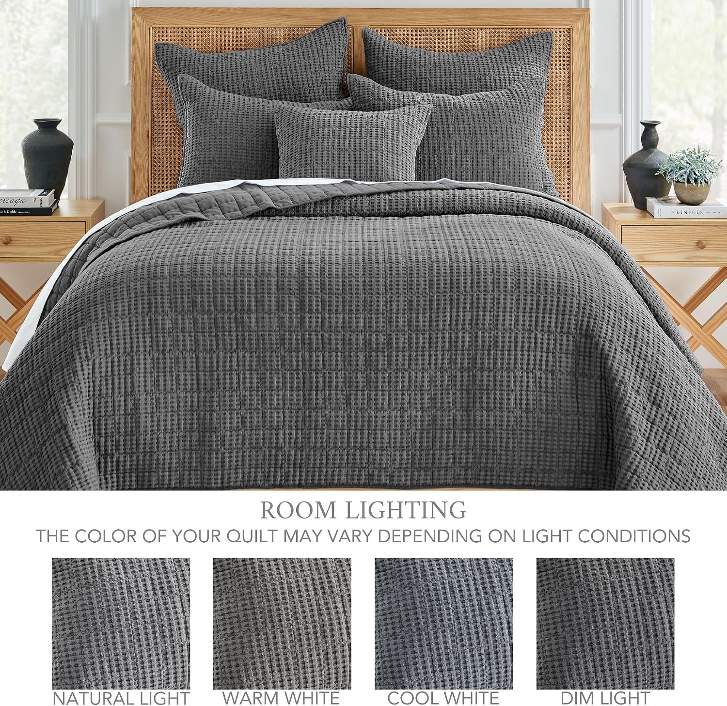 Levtex Home Mills Waffle King/Cal King Quilt Set (106x92in) with 2 Pillow Shams (36x20in) - Charcoal - 100% Cotton King Size Quilt Bedding Set - Lightweight, Soft, Pre-Washed
