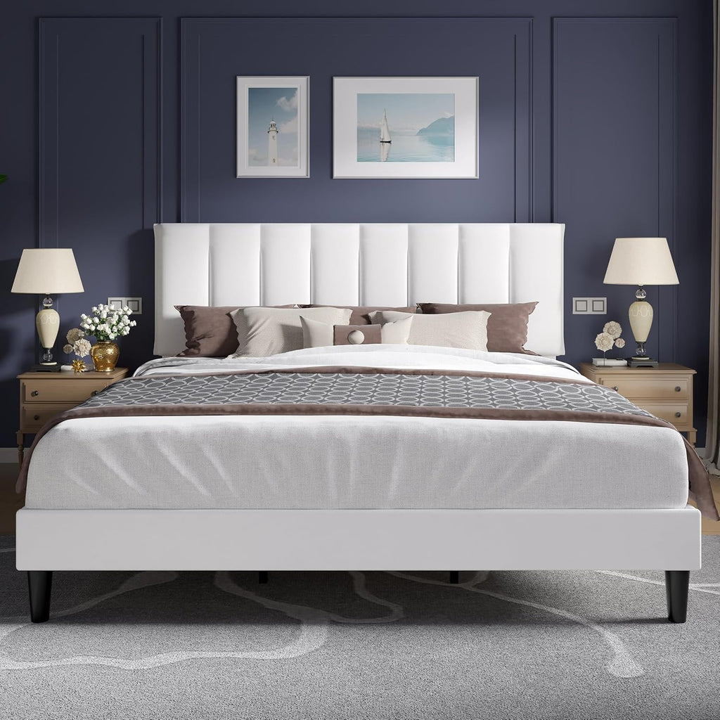 VECELO King Size Bed Frame with Upholstered Headboard, Heavy-Duty Bedframe with Strong Wooden Slats Support, No Boxing Spring Needed, Pure White