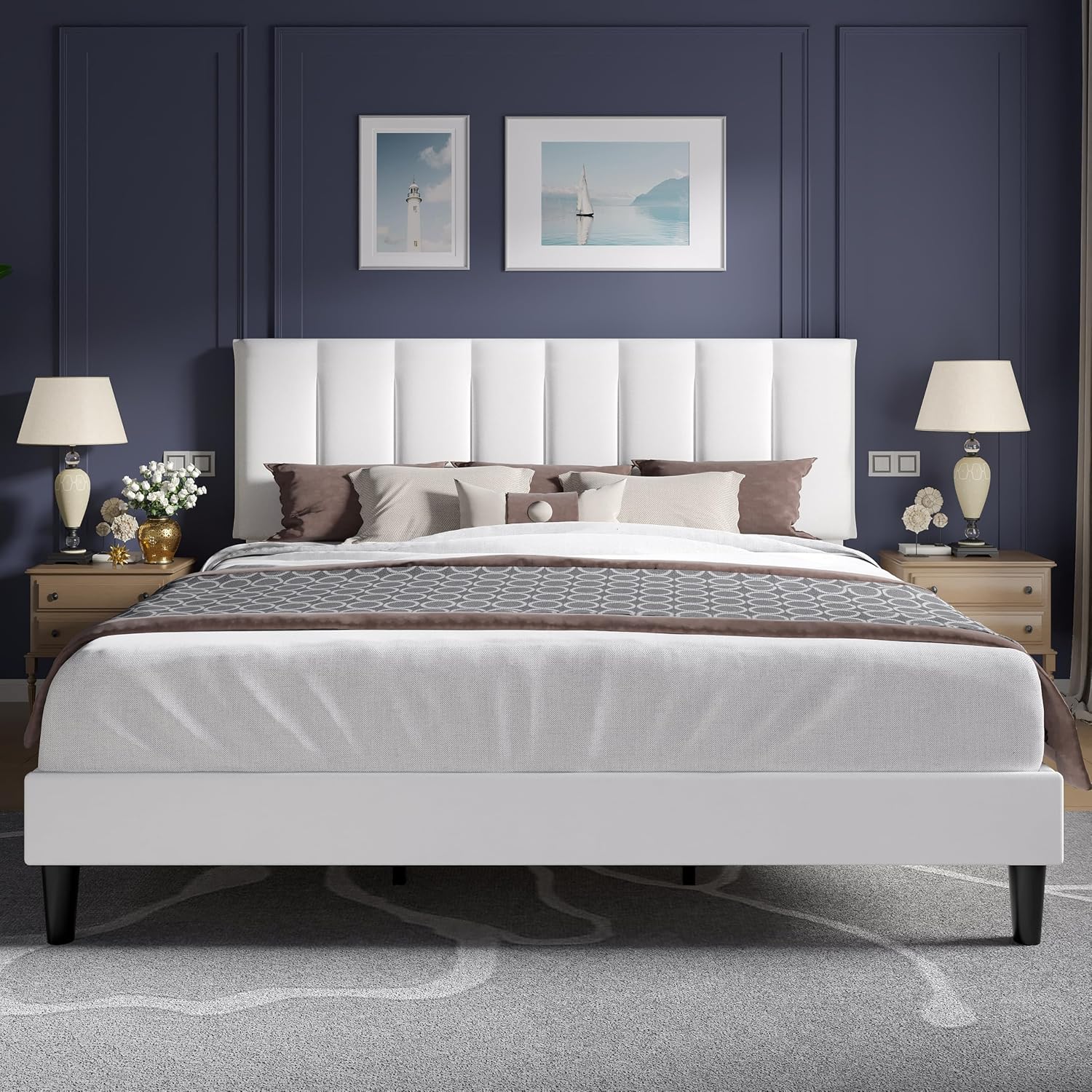 VECELO King Size Bed Frame with Upholstered Headboard, Heavy-Duty Bedframe with Strong Wooden Slats Support, No Boxing Spring Needed, Pure White