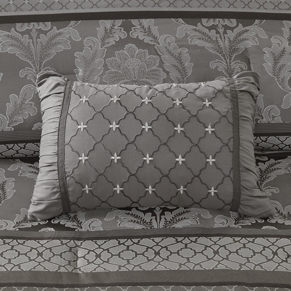 Madison Park Bellagio Cozy Comforter Set - Luxurious Jaquard Traditional Damask Design, All Season Down Alternative Bedding with Matching Shams, Decorative Pillow, King(104'x92') , Grey 7 Piece