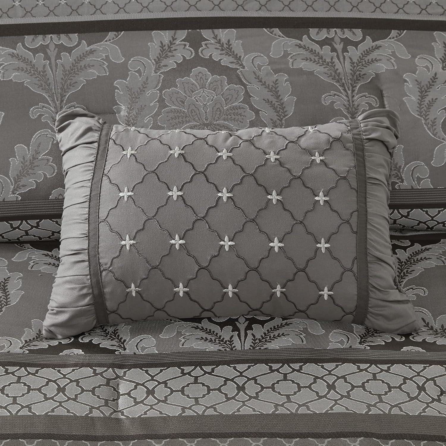 Madison Park Bellagio Cozy Comforter Set - Luxurious Jaquard Traditional Damask Design, All Season Down Alternative Bedding with Matching Shams, Decorative Pillow, King(104'x92') , Grey 7 Piece