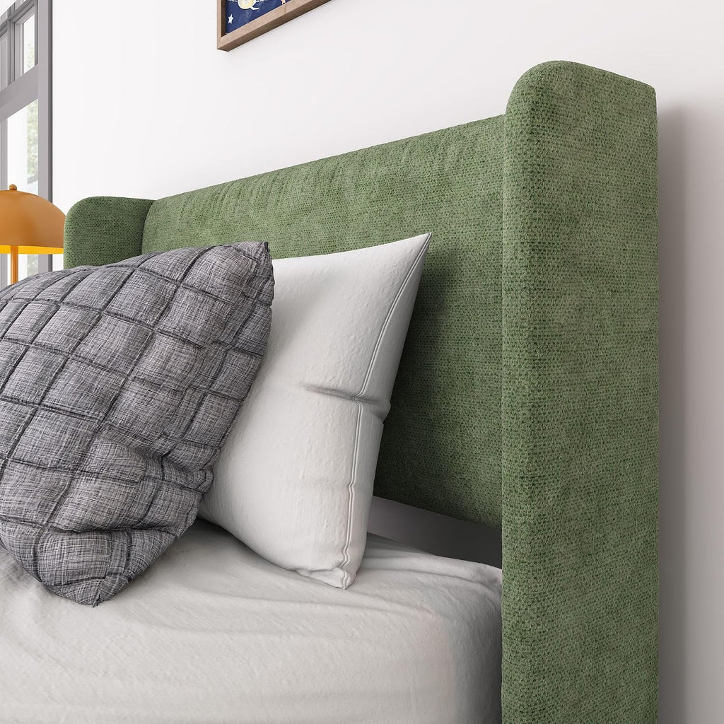 Max & Lily Upholstered Twin Bed Frame with Rectangular Headboard, Upholstered Platform Bed for Kids, No Box Spring Needed, Easy Assembly, Green