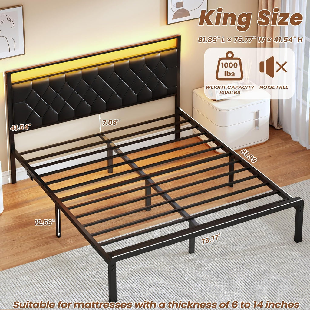 King Size Bed Frame with Headboard, Modern Metal Bed Frame with LED Lights & Charging Station, PU Leather Upholstered Headboard, All Metal Slats Support, No Boxing Spring Needed, Noise Free, Black