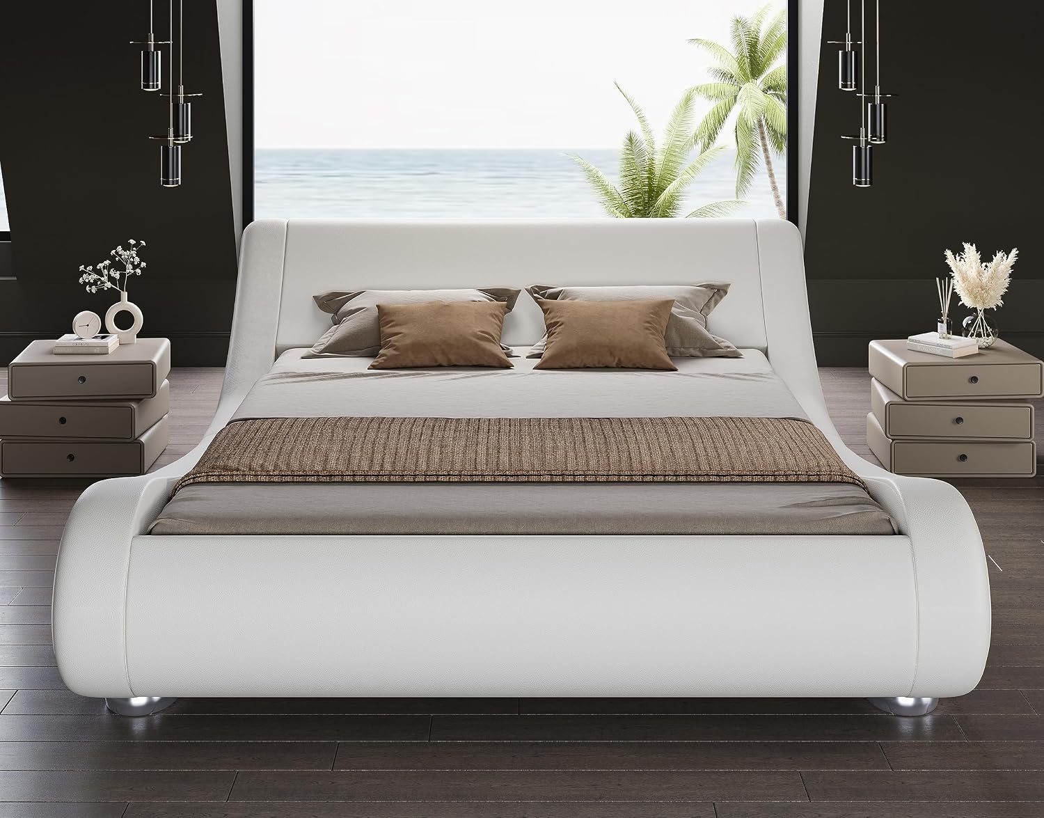 SHA CERLIN King Size Upholstered Bed Frame, Deluxe Low Profile Sleigh Bed with Faux Leather Ergonomics Headboard, No Box Spring Needed & Easy Assembly, White