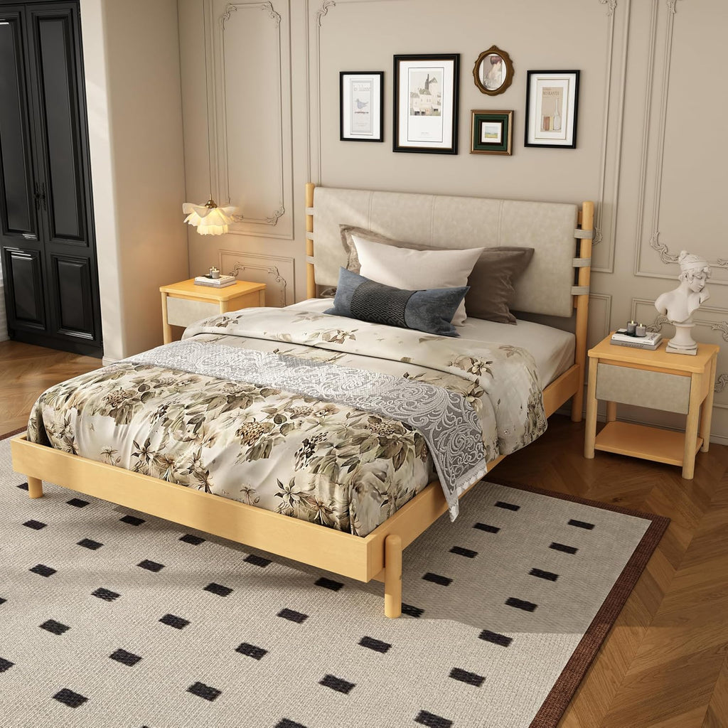 Modern Queen Bed Frame Set with 2 Nightstands, Beige Wood Platform Bed with Headboard and Matching Bedside Tables for Bedroom
