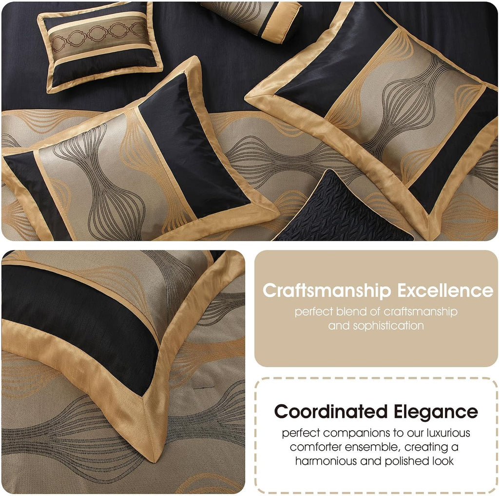Grand Avenue Elegant Black and Gold Comforter Set, Striped, 7 Pieces Jacquard Bedding Sets with Comforter, Bed Skirt, Pillows & Shams, California King Size All Season, Lightweight Microfiber